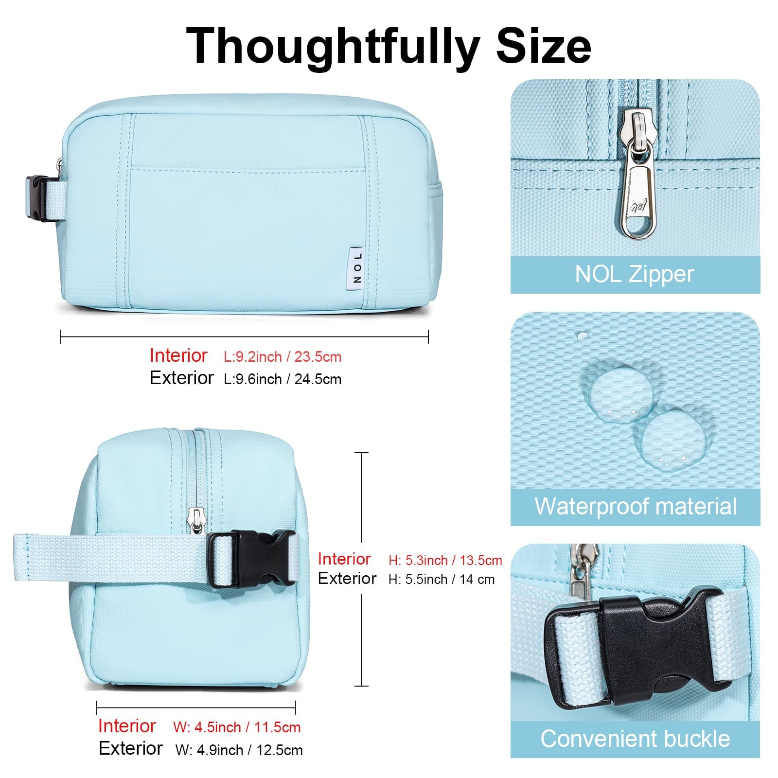 NOL Natural Organic Lifestyle Nylon Waterproof Makeup Bag Medium, Light Blue
