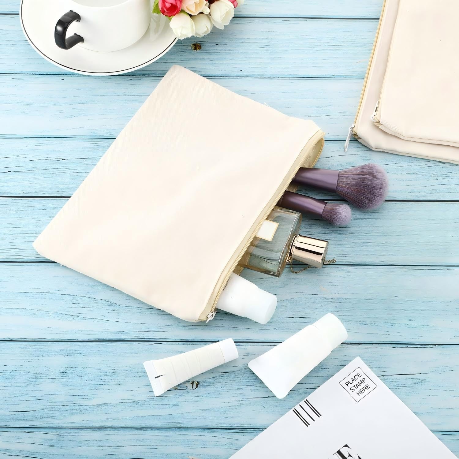 Gejoy 10 Pieces Cosmetic Canvas Pouch Bag Multipurpose Makeup Large, Beige
