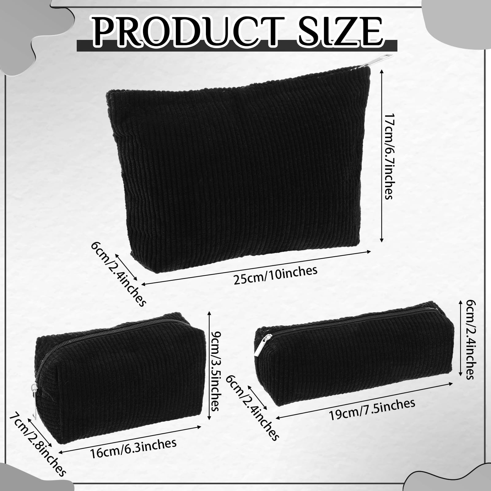 Huhumy 3 Pcs Makeup Bag Set for Women Corduroy Cosmetic Pouch Aesthetic Black