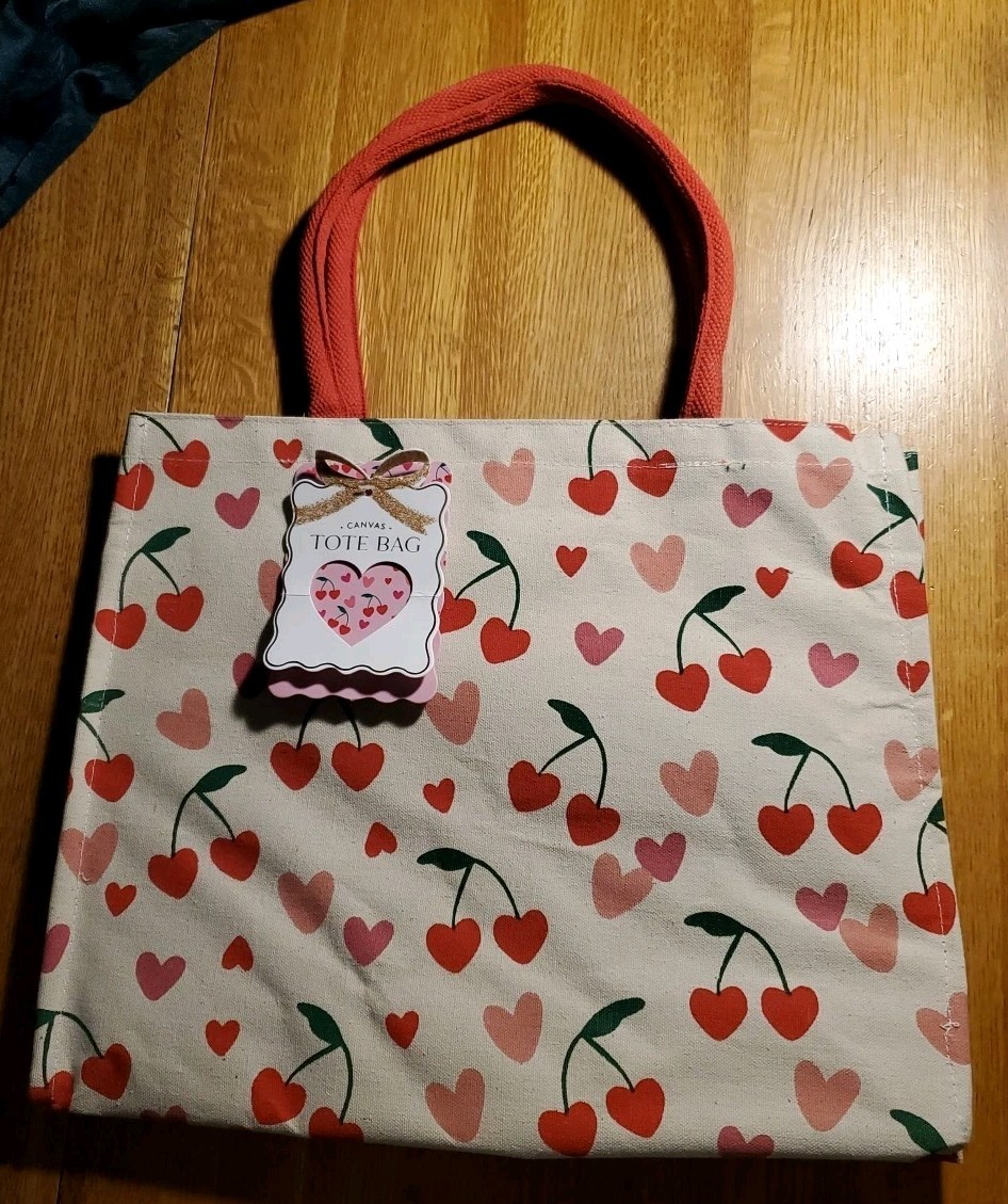 Eccolo Valentine’s Day Cherry 🍒 Hearts Cotton Canvas Reusable Shopping Tote Bag