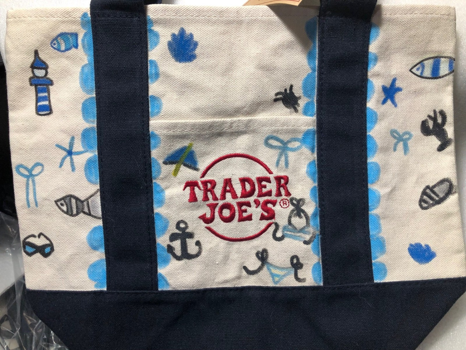 Ocean Hand Drawn Trader Joe’s Mini NAVY BLUE Canvas Tote Bag 13″Wx10″L(S)