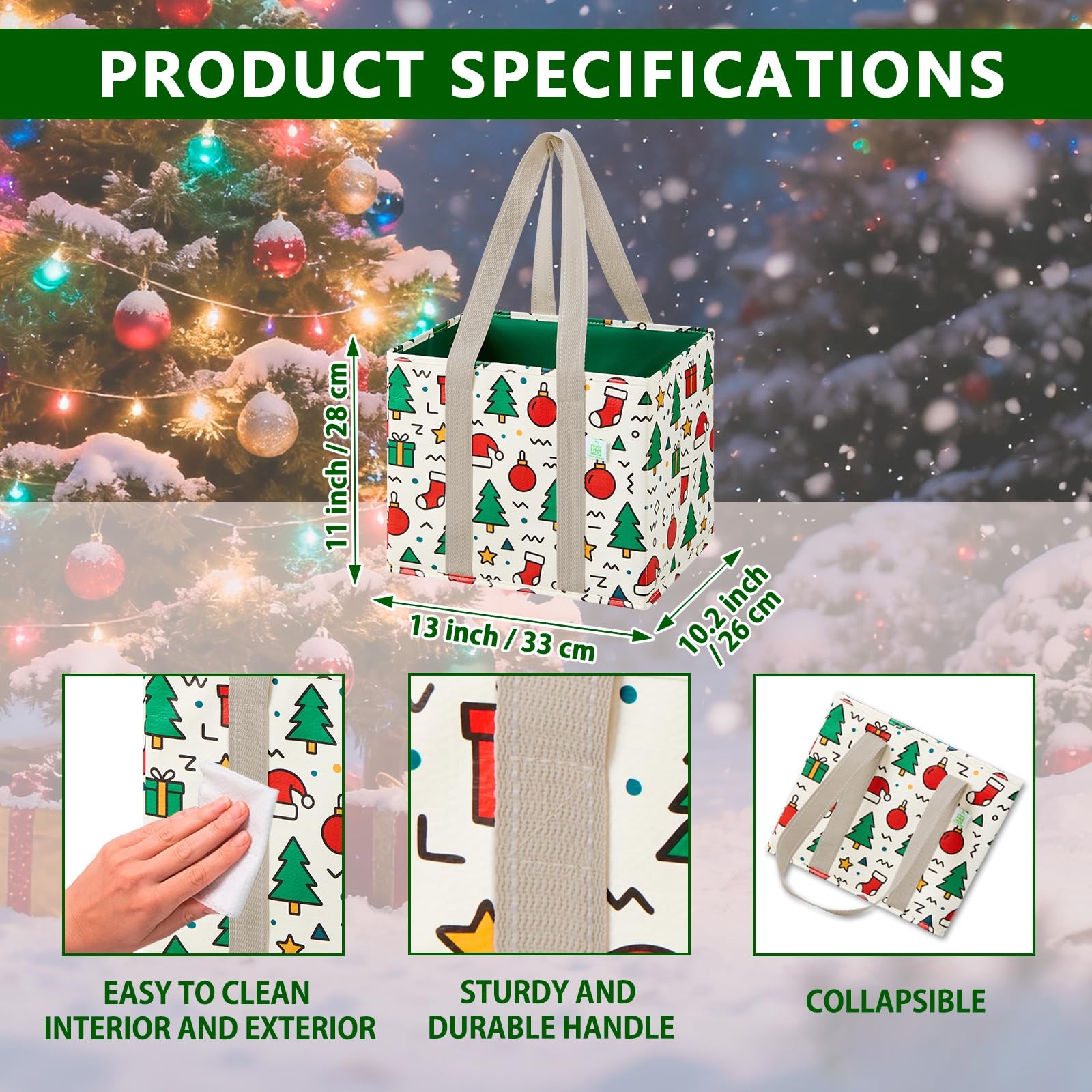 Christmas Reusable Grocery Heavy Duty Tote Shopping Bags Jingle Mix 3 PCS