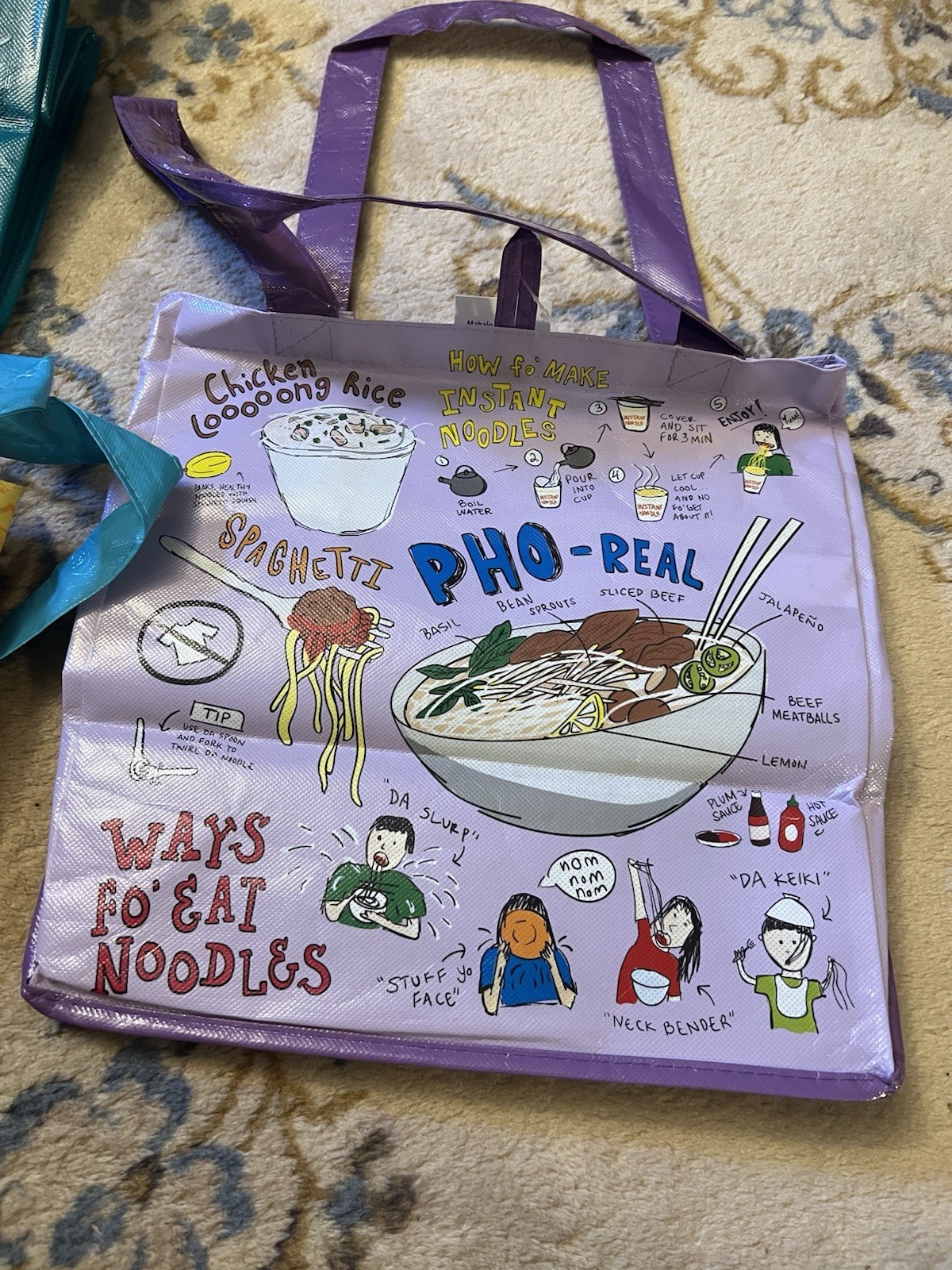 Foodland Hawaii Set Of 3 Reusable Tote Bags ~ Spam Musubi Pho Noodles Pun Poke