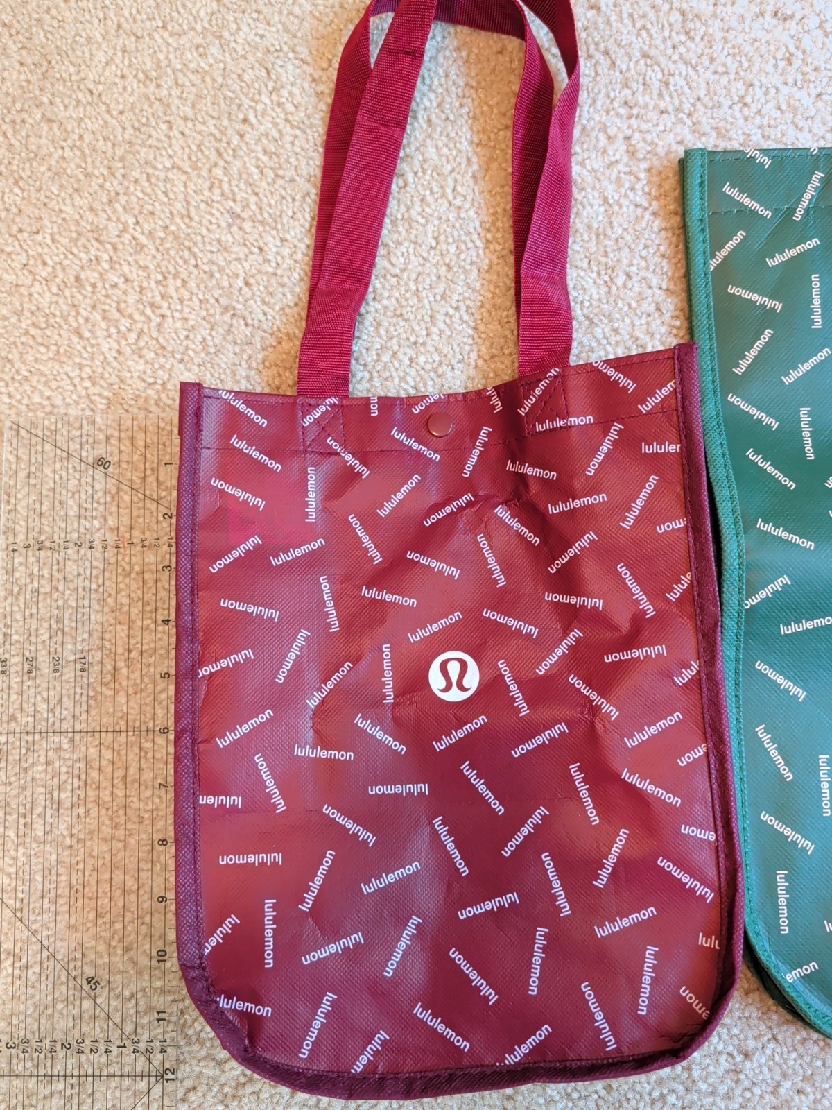 Lululemon – Small & Large Dark Red & Dk Green Monogram Shopping Bag SET Lot of 2