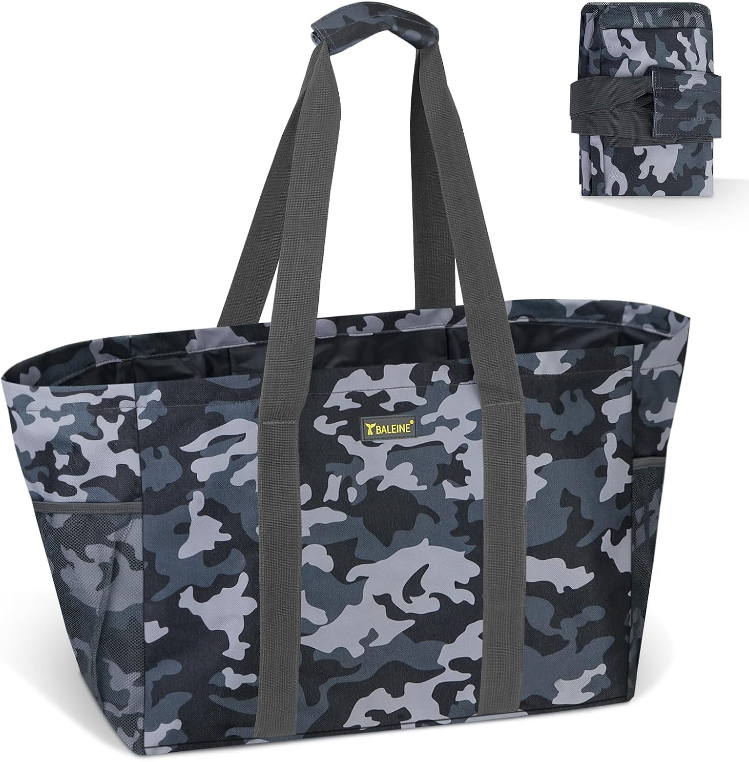 Soft 9 Gallon Extra Large Utility Tote, Foldable Reusable Storage Bag (Grey Camo