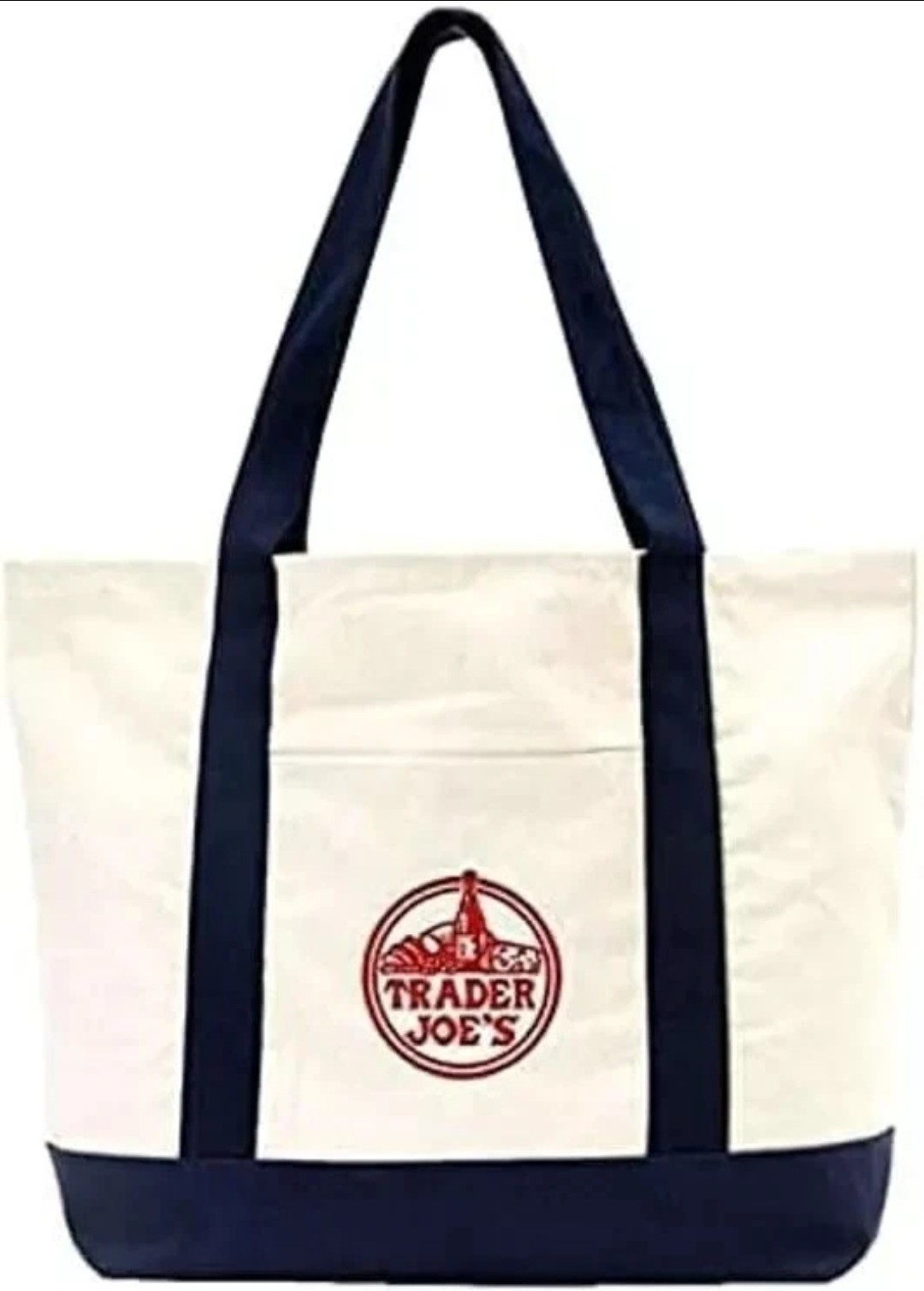 Trader Joe’s LARGE Reusable Heavy Canvas Shopping Bag, Off White & Navy Blue