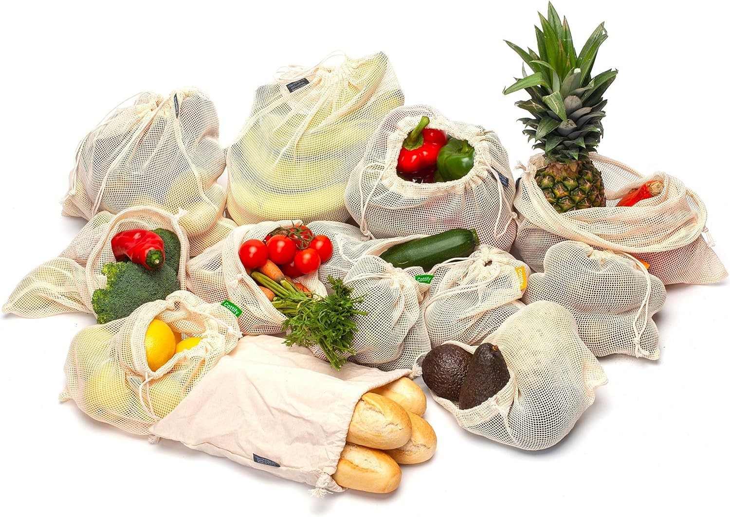 12+1 Reusable Produce Bags Grocery Washable, Organic Cotton Mesh Produce Bags…