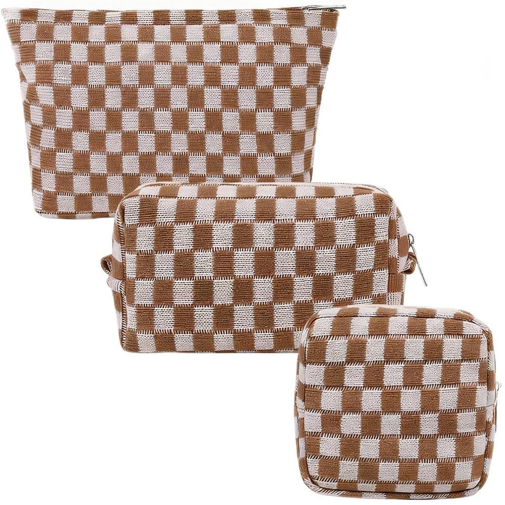 FFpaw 3Pcs Makeup Bag Set for Women, Checkered Cosmetic Travel Brown