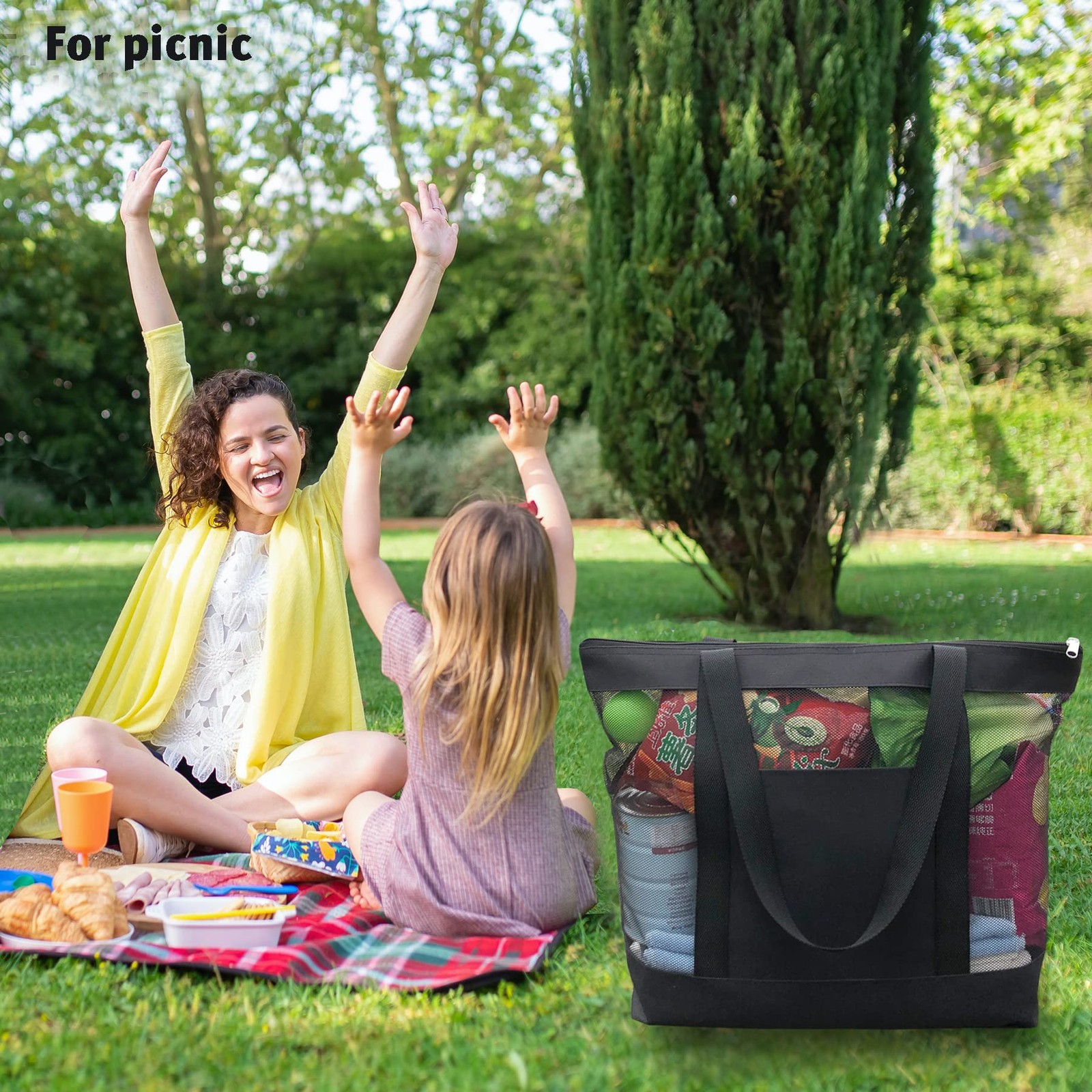 2Pack Mesh Tote Bag,Sandproof Beach Bags with Zipper &Double Pocket For Groce…