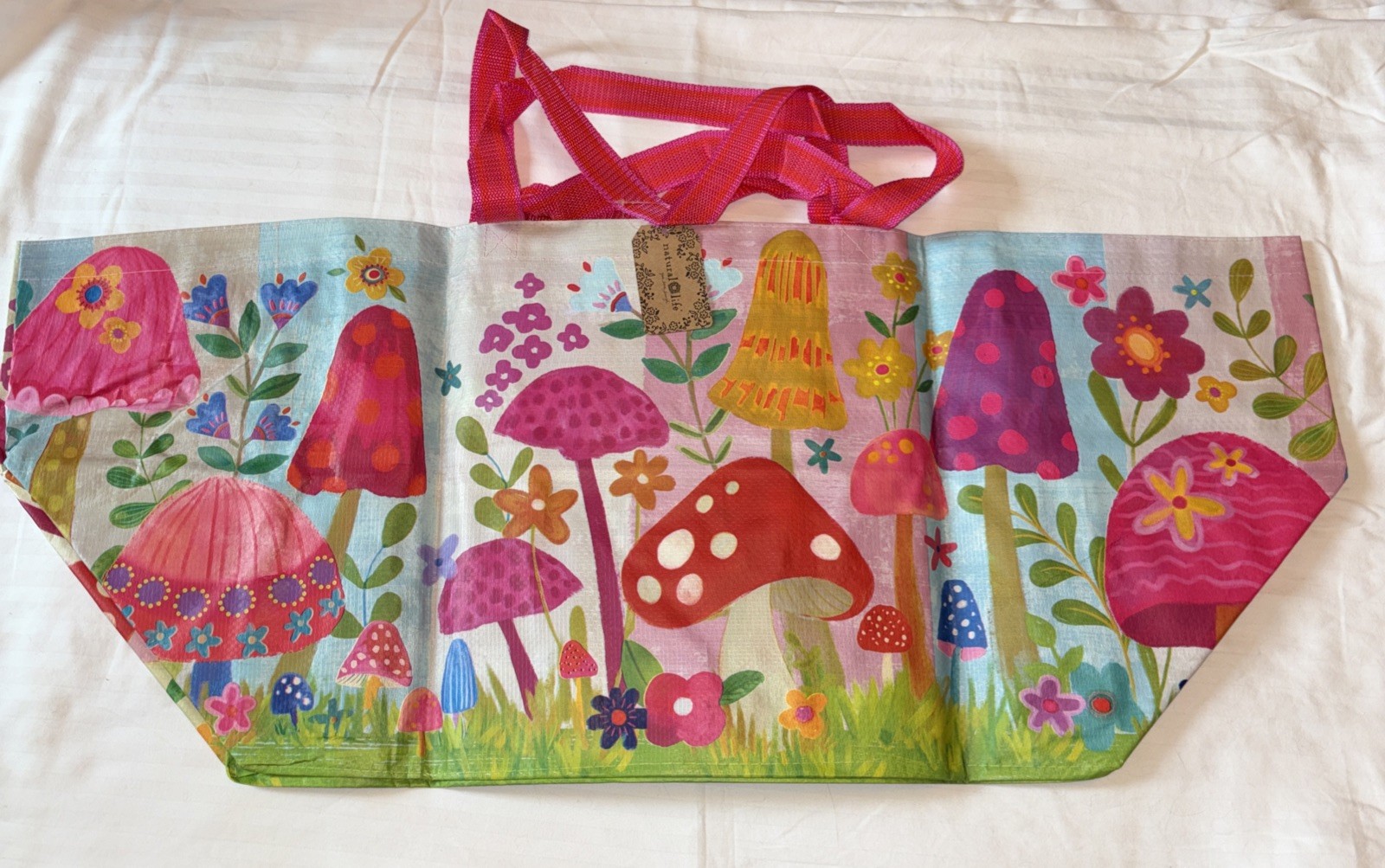 NATURAL LIFE Mushrooms Flowers Colors Boho XL Reusable Tote Bag Live Happy NWT