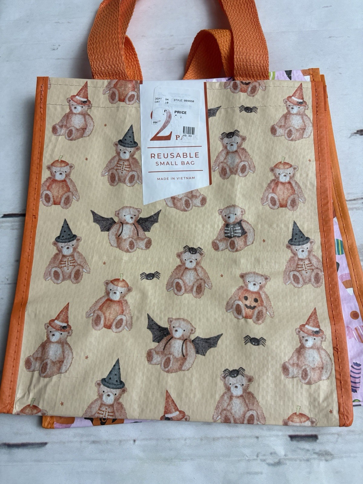 Small Reusable Shopping Tote Bag Two (2) Pack Halloween Pumpkins Teddy Bears