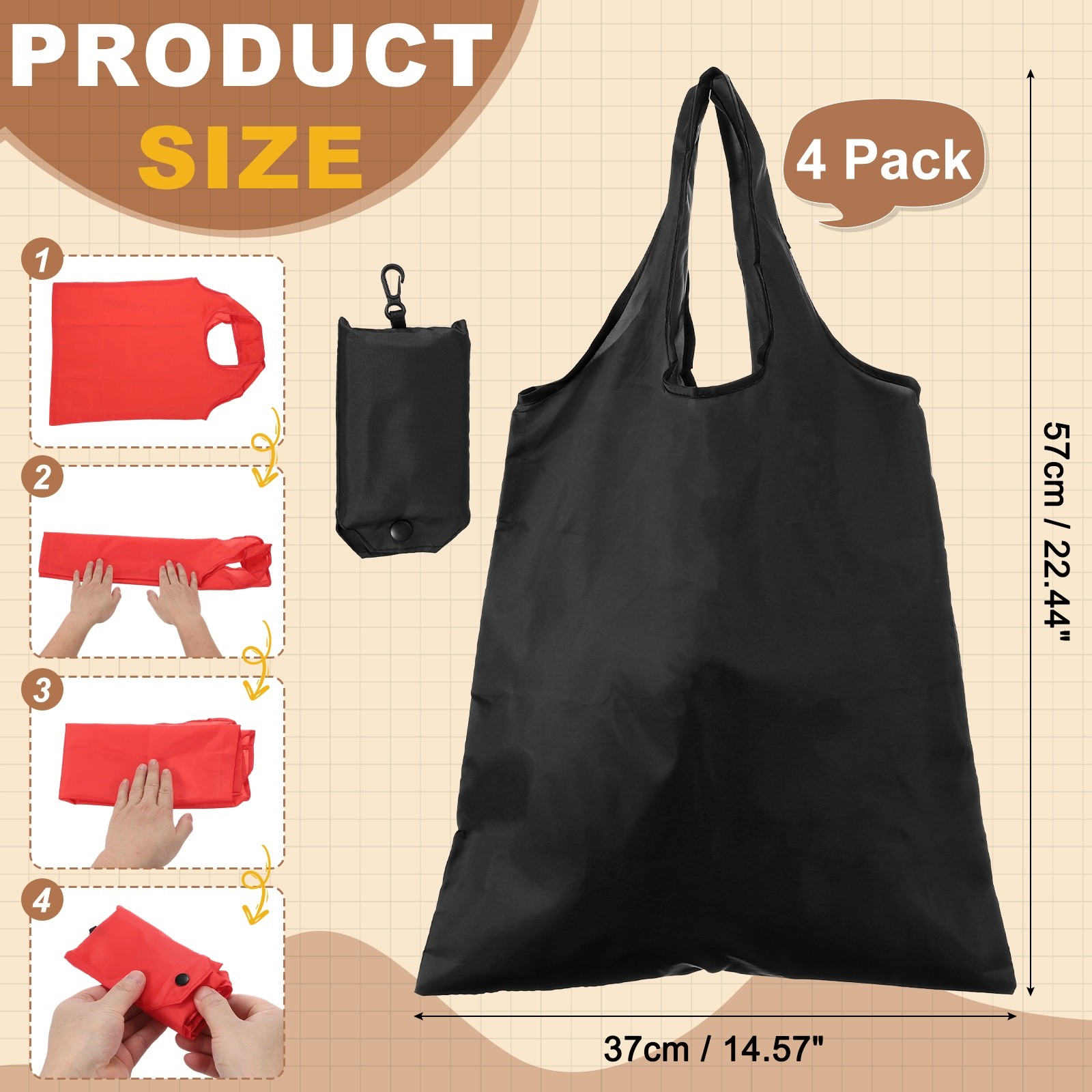 4 Pack Foldable Travel Bag with Handles, Washable Shopping Tote Pouch, Black