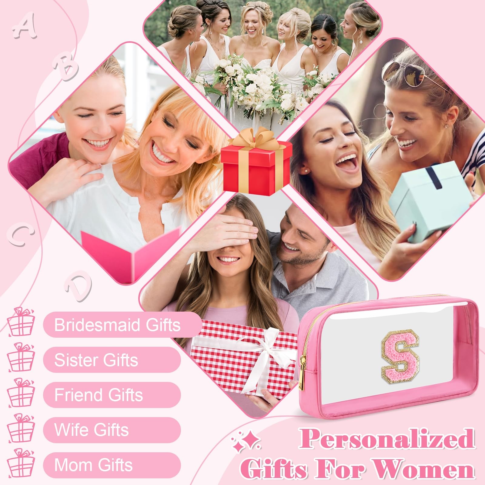 Personalized Initial Letter Clear Makeup Bag,Preppy Small S, Small-Pink