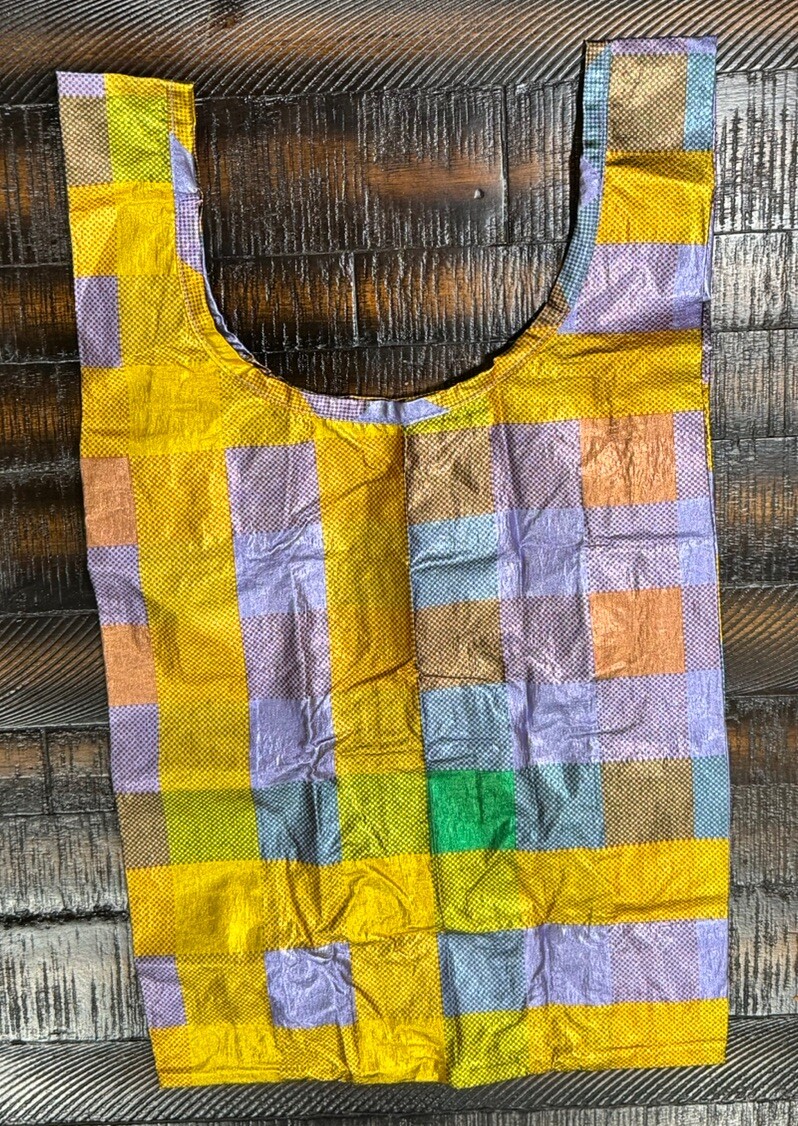 Set Of 2 BAGGU Baby Reusable Bag MADRAS METALLIC Plaid Purple Gold Tote NWT
