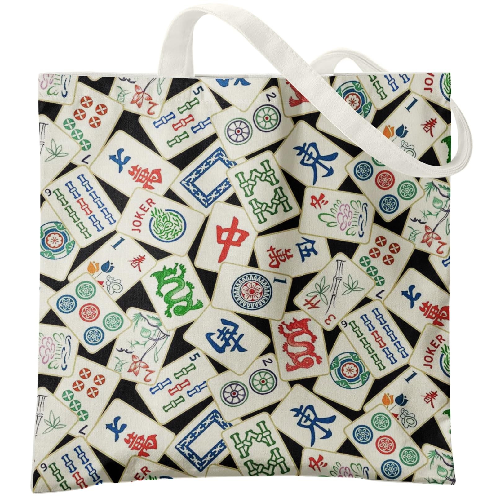 Retro Chinese Mahjong Tile Canvas Tote Bags for Women, Mahjong Gifts for Wome…