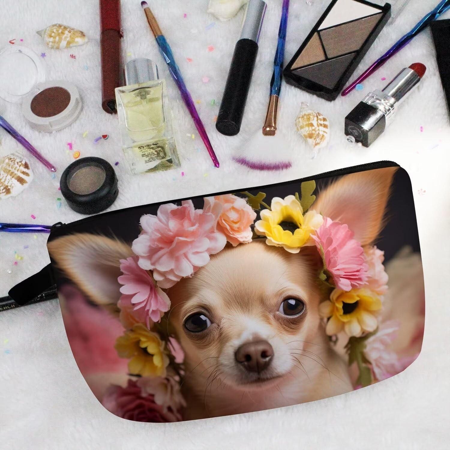 Livel lhood Floral Chihuahua Makeup Bag 8.65 x 2 x 5.35 inches, 02
