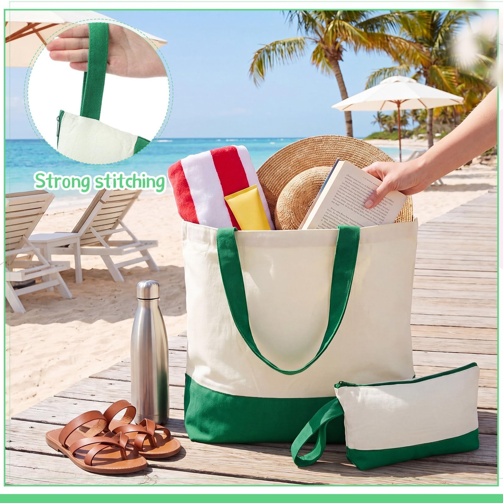 50 Pcs Canvas Tote Bags Bulk with Zipper Cosmetic Pouch 18.5″ Reusable Cotton…