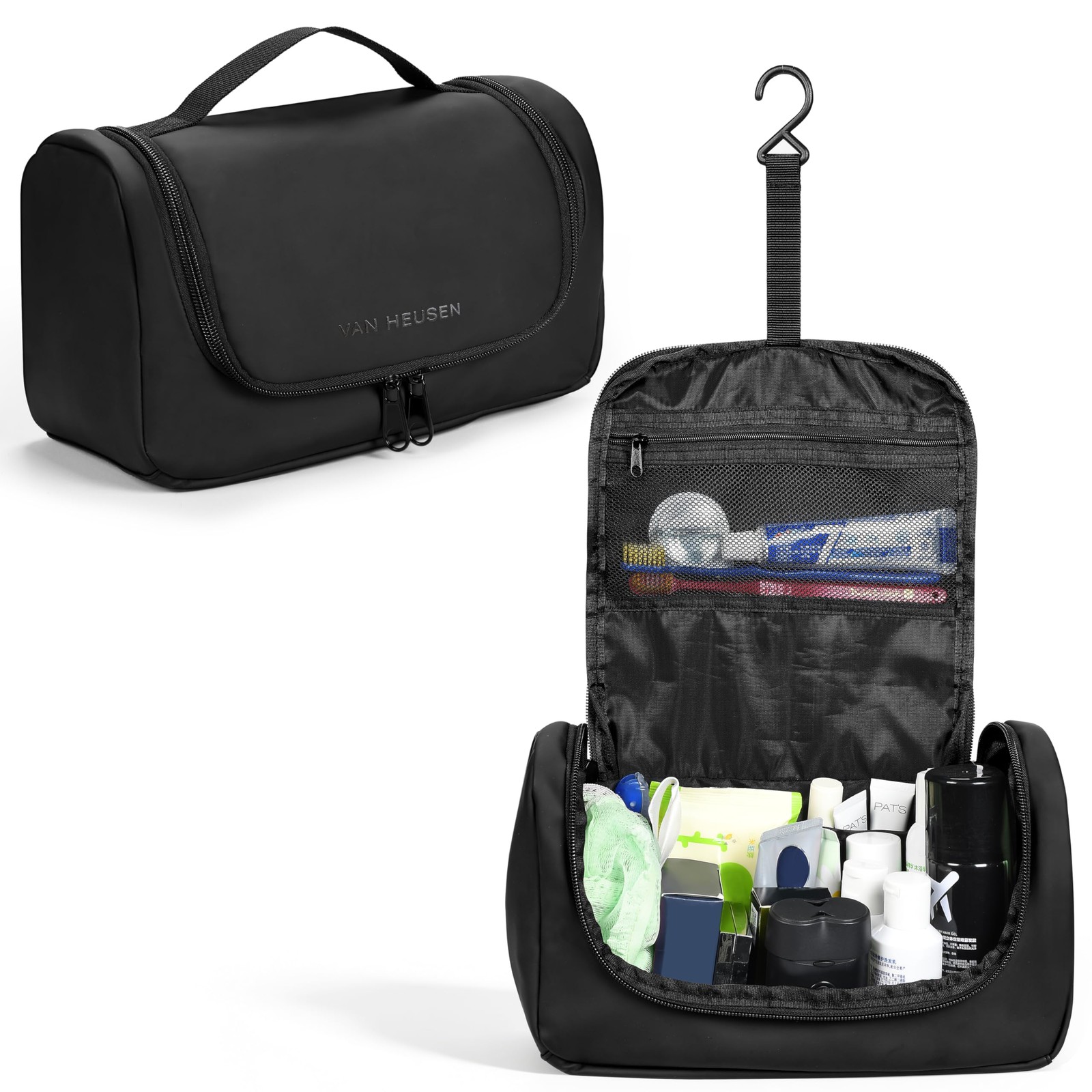 Van Heusen Large Capacity Toiletry Bag with Hanging Hook, Bathroom Black