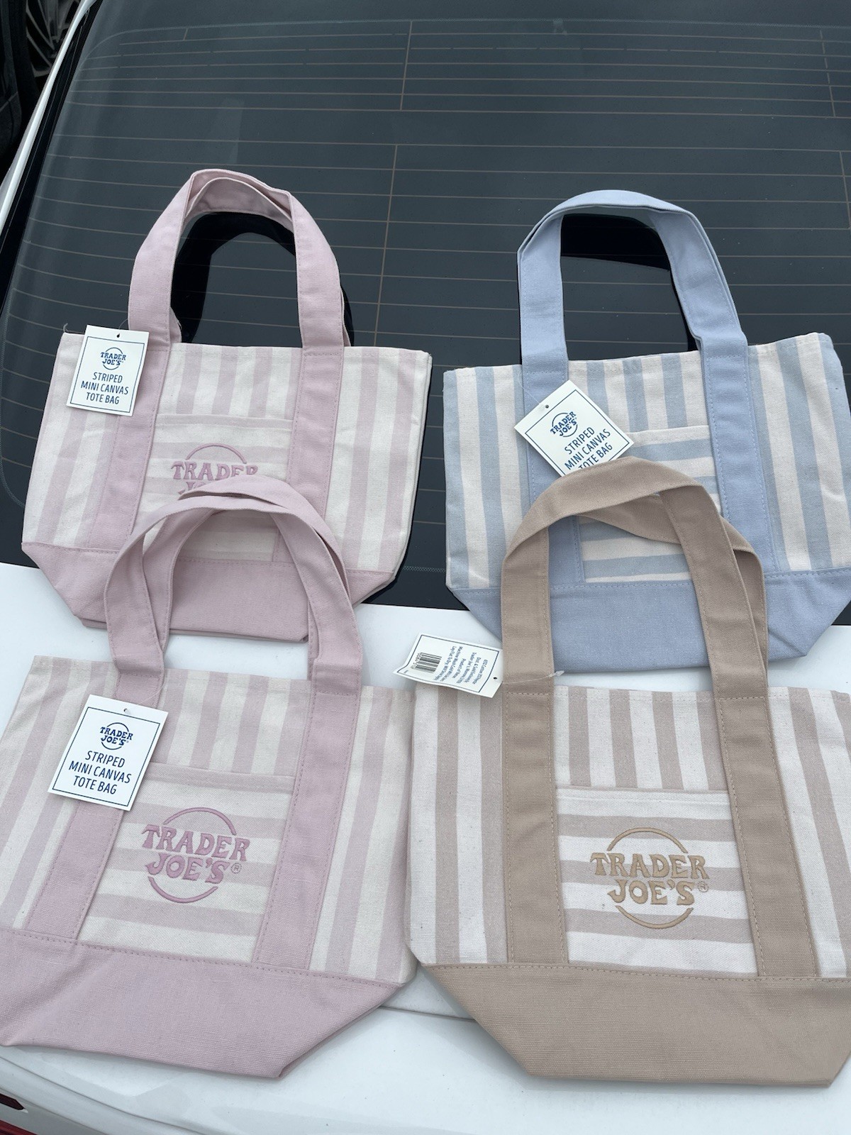 IN HAND Lot Of Four (4) Trader Joe’s Mini Pastel Stripe Canvas Tote Bag 2026