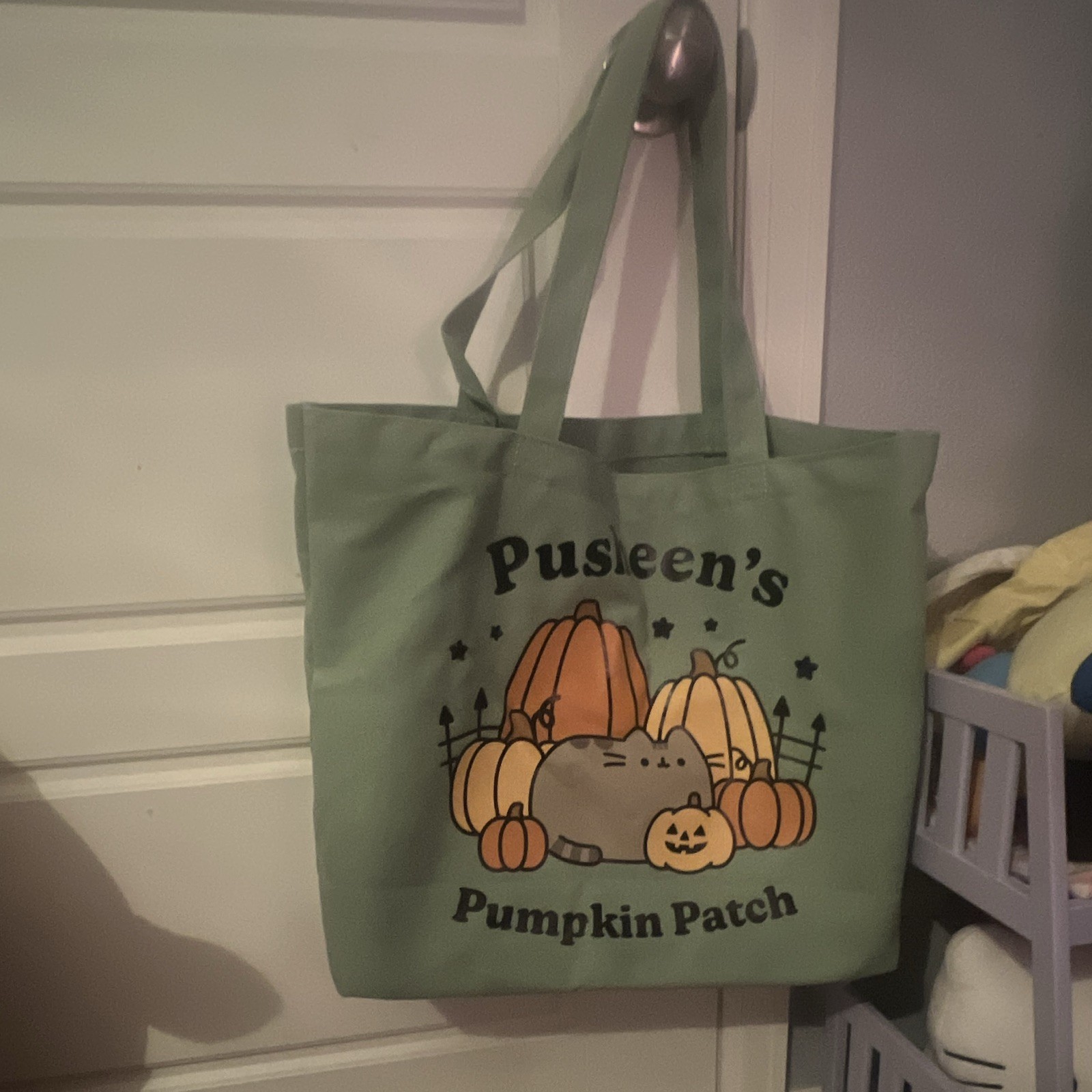 Pusheen Pumpkin Patch Green Reusable Tote Shopping Bag Graphic Print 13×12