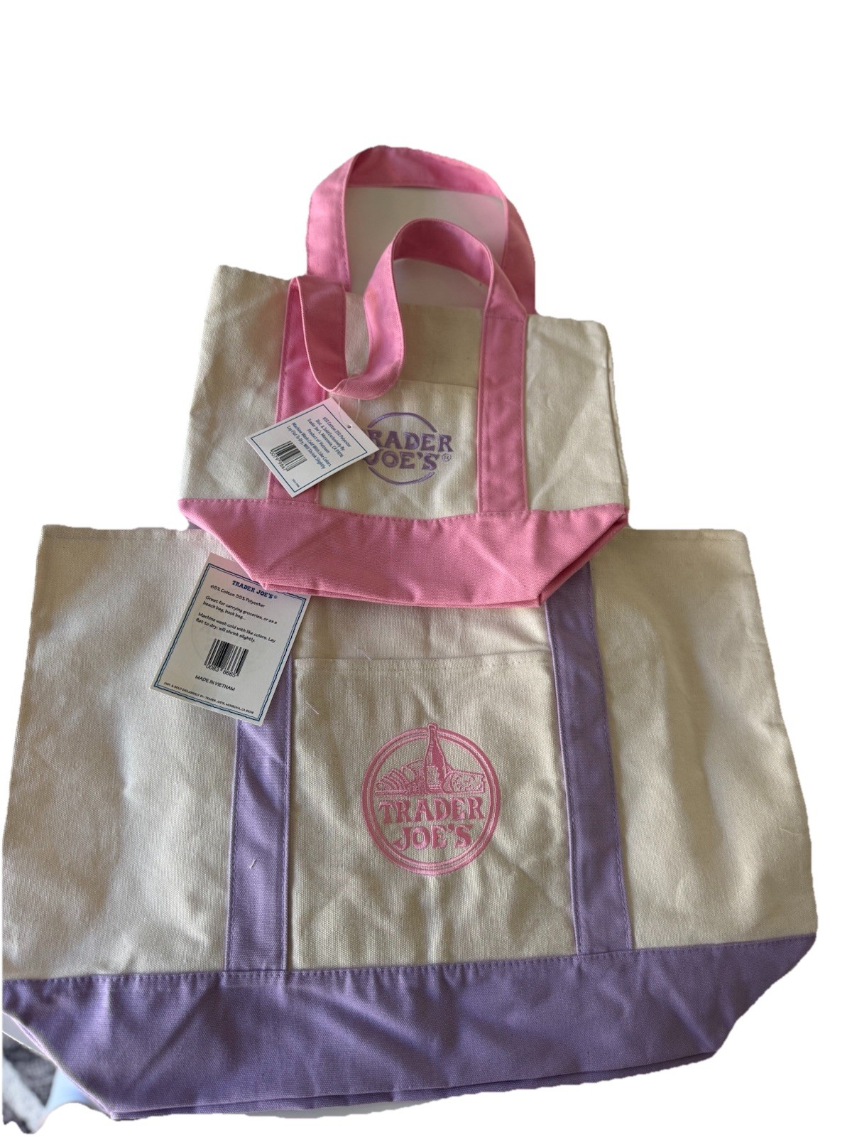 Trader Joe’s Lavender Purple Large + Pink Mini Canvas Tote Bag 2 Set Limited 🛍️