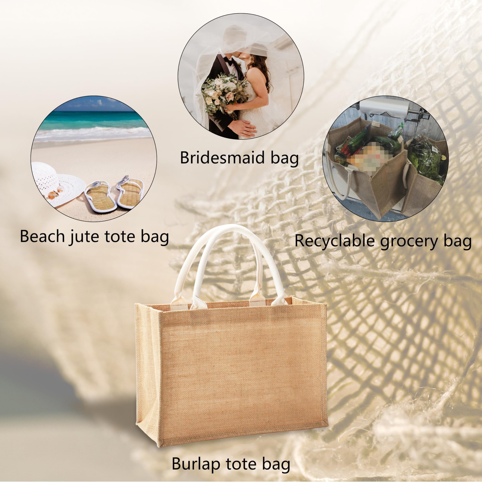 1 PCS Jute Tote Bags 14.5×6.7×10.2 Inch Burlap Bridesmaid Beach Travel Bag