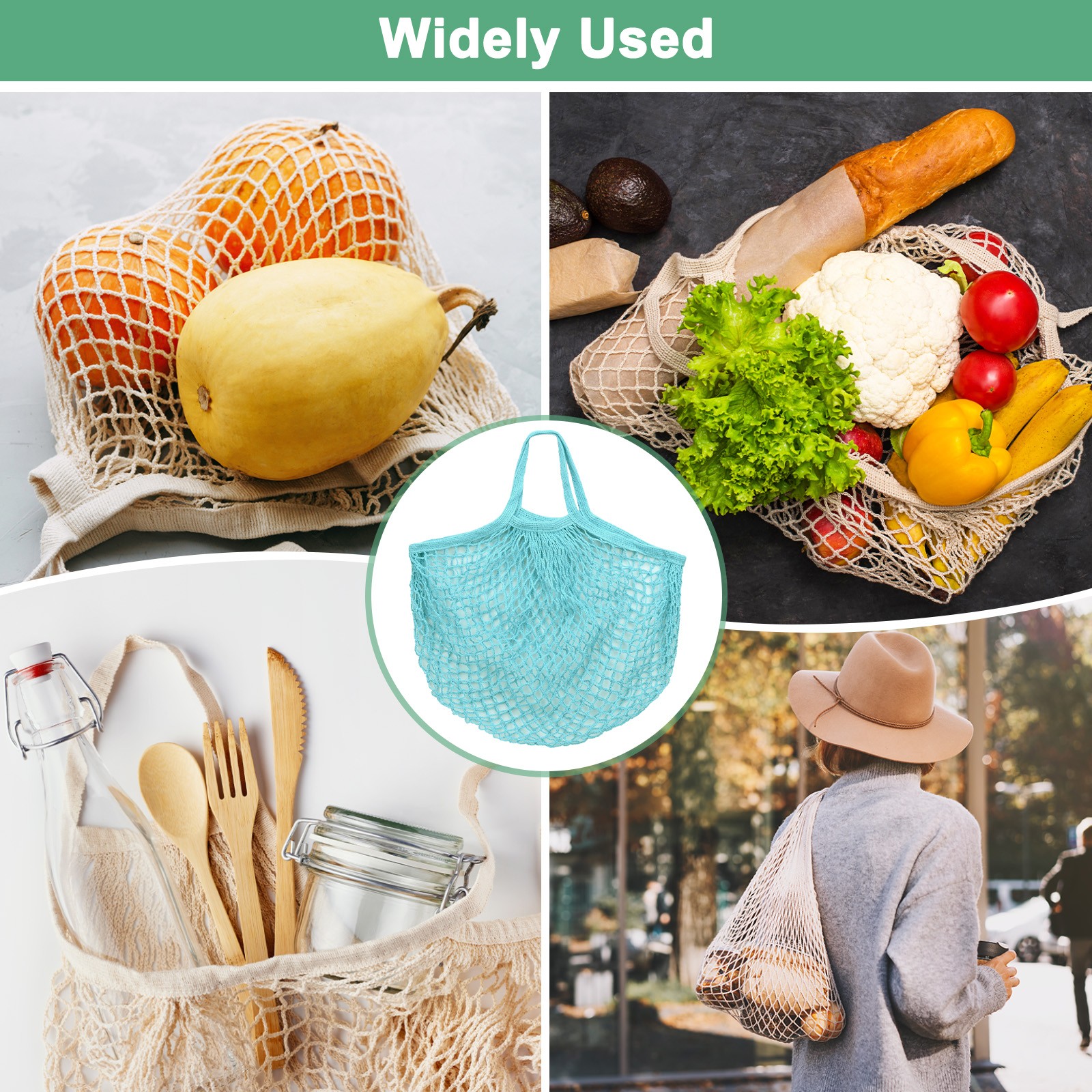 2-Pack Reusable Mesh Net String Grocery Bags [Blue-Green,Long&Short Handle]