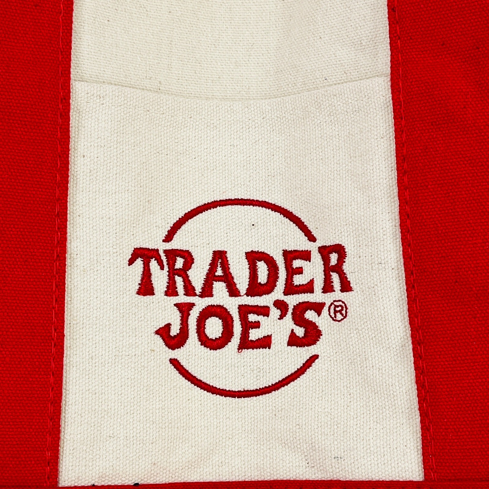 Trader Joe’s Mini Canvas Tote Bag Red Cream Embroidered Logo Reusable