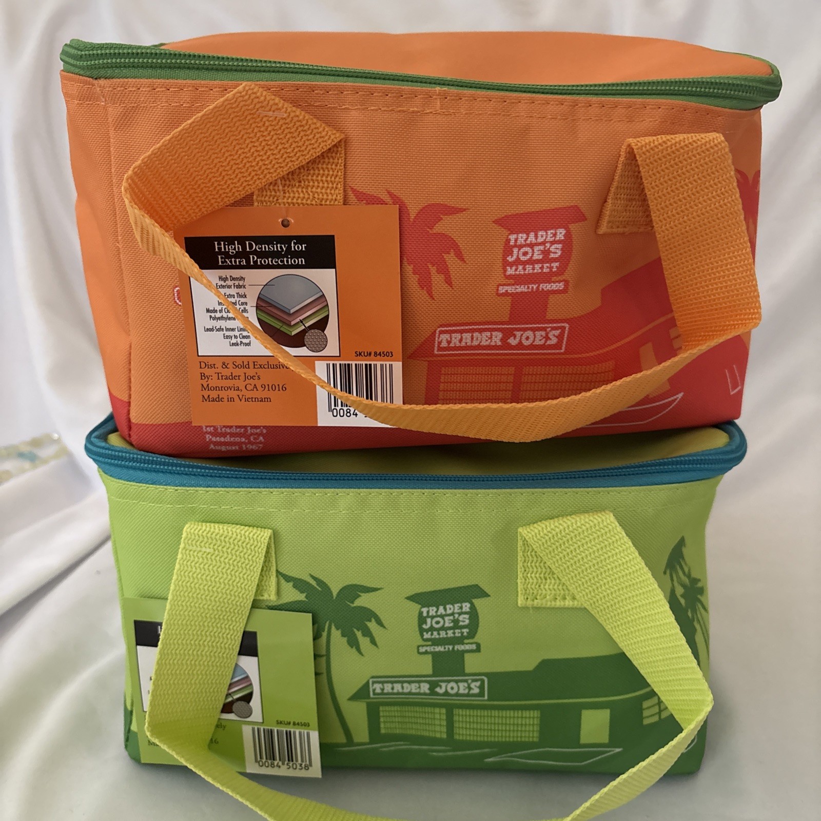Set of 2 Trader Joe’s Mini Insulated Freezer Tote /Lunch Bag, G & B, O & G. NWTs
