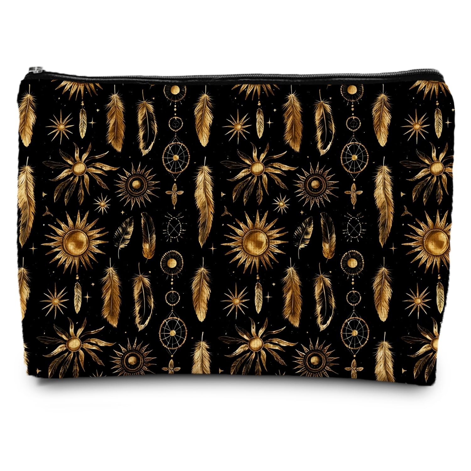 FWSFD Boho Black and Gold Full coverage of retro black-gold suns feathers