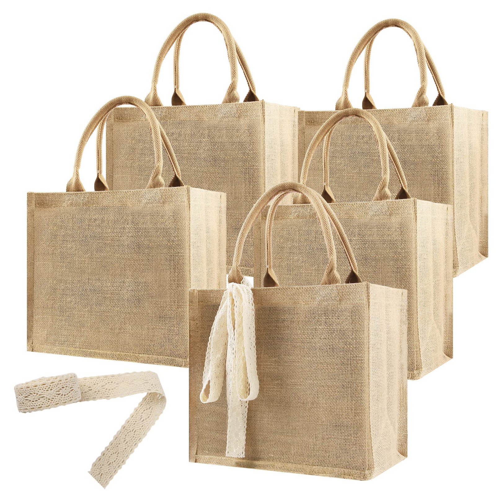 5 PCS Burlap Jute Tote Bag Bulk 12.2×10.6×6.3 Inch Blank Gift Beach Bags
