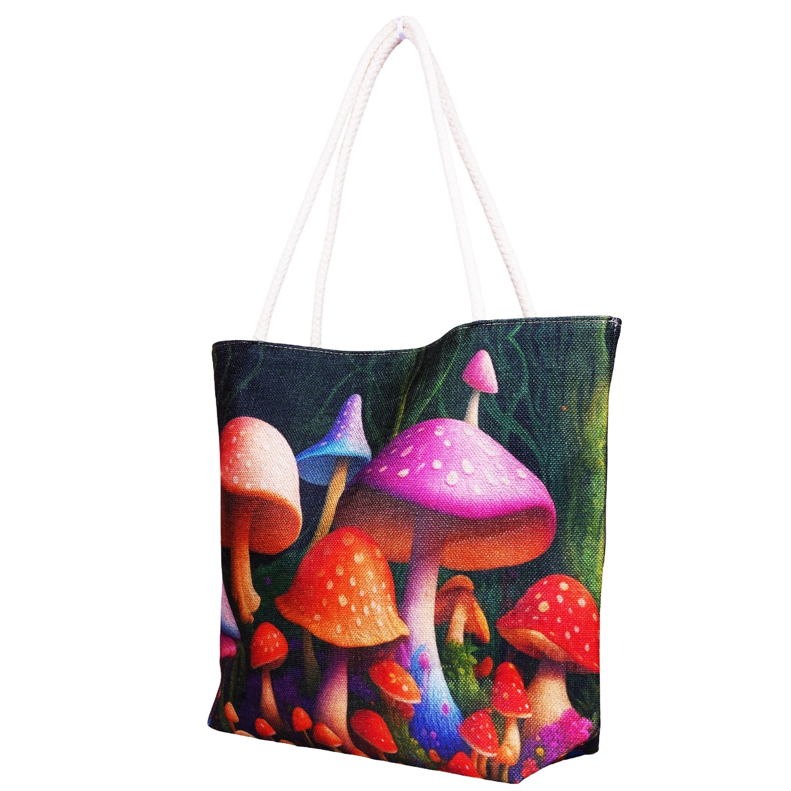 Garden of Mushrooms Jute Tote Bag – 17 x 15 x 4.5″ Eco-Friendly Shoulder Bag