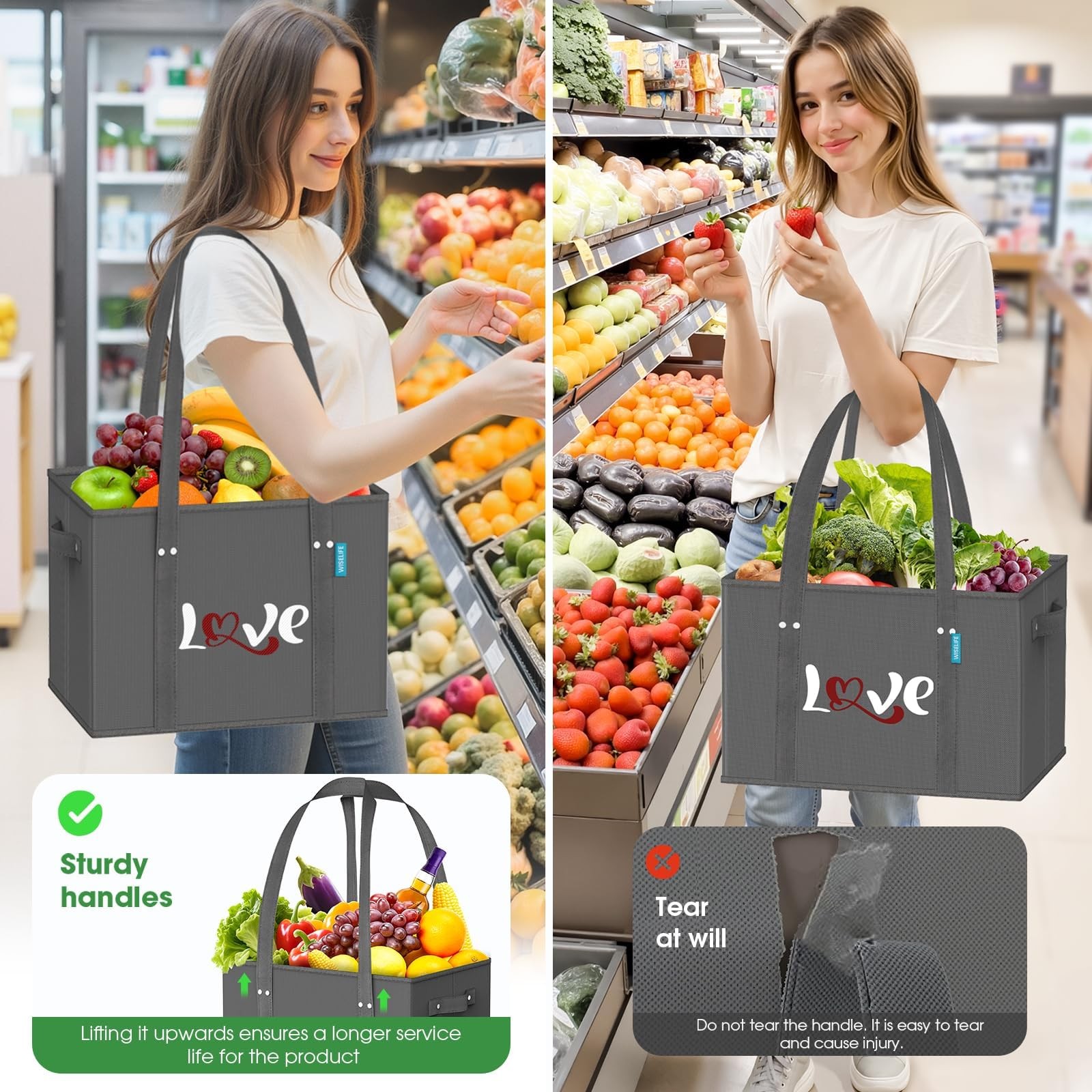 Reusable Grocery Bags Heavy Duty Foldable Shopping Tote Handles Bottom 4 PCS