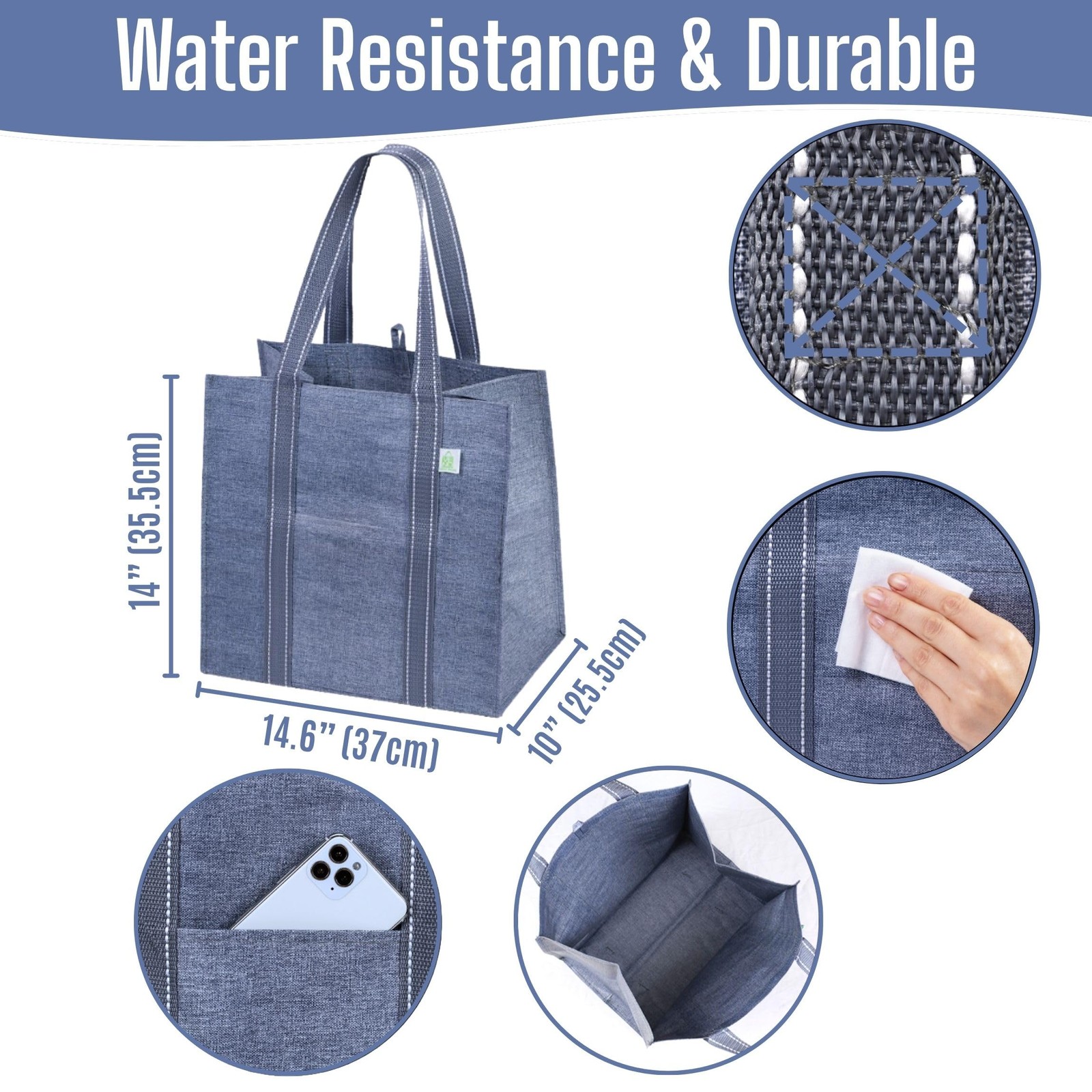 VENO 4 Pack Reusable Grocery Bags, Heavy-Duty Shopping Bags with 4 Pack, Gray