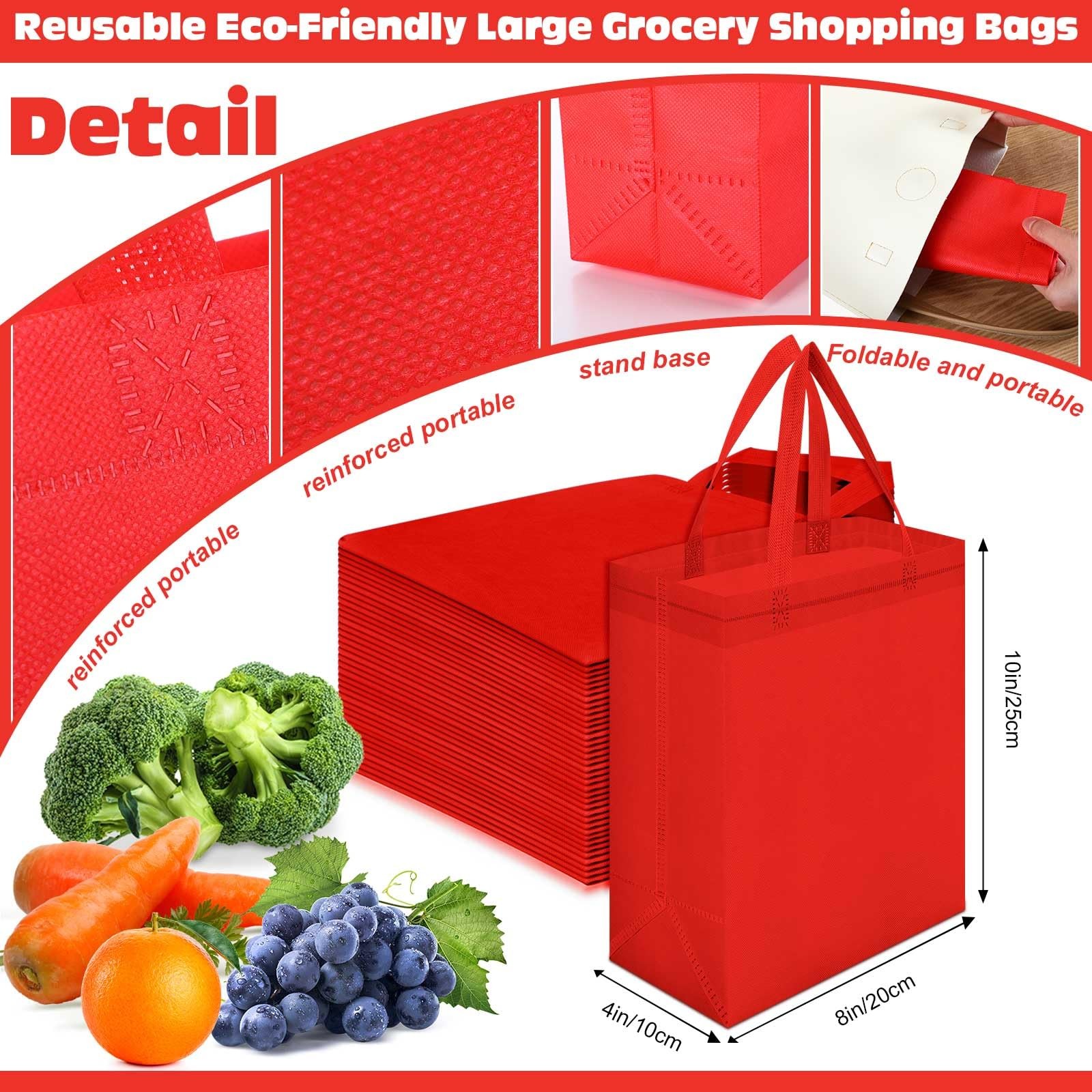 50 PCS Red Non Woven Reusable Grocery Tote Bag With Handle 8x4x10 Inch