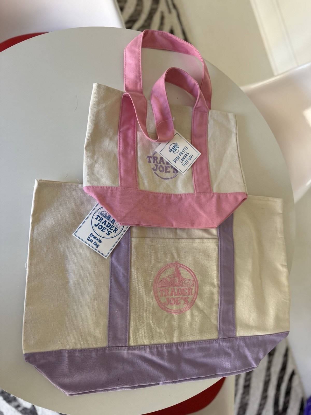 Trader Joe’s Lavender Purple Large + Pink Mini Canvas Tote Bag 2 Set Limited 🛍️