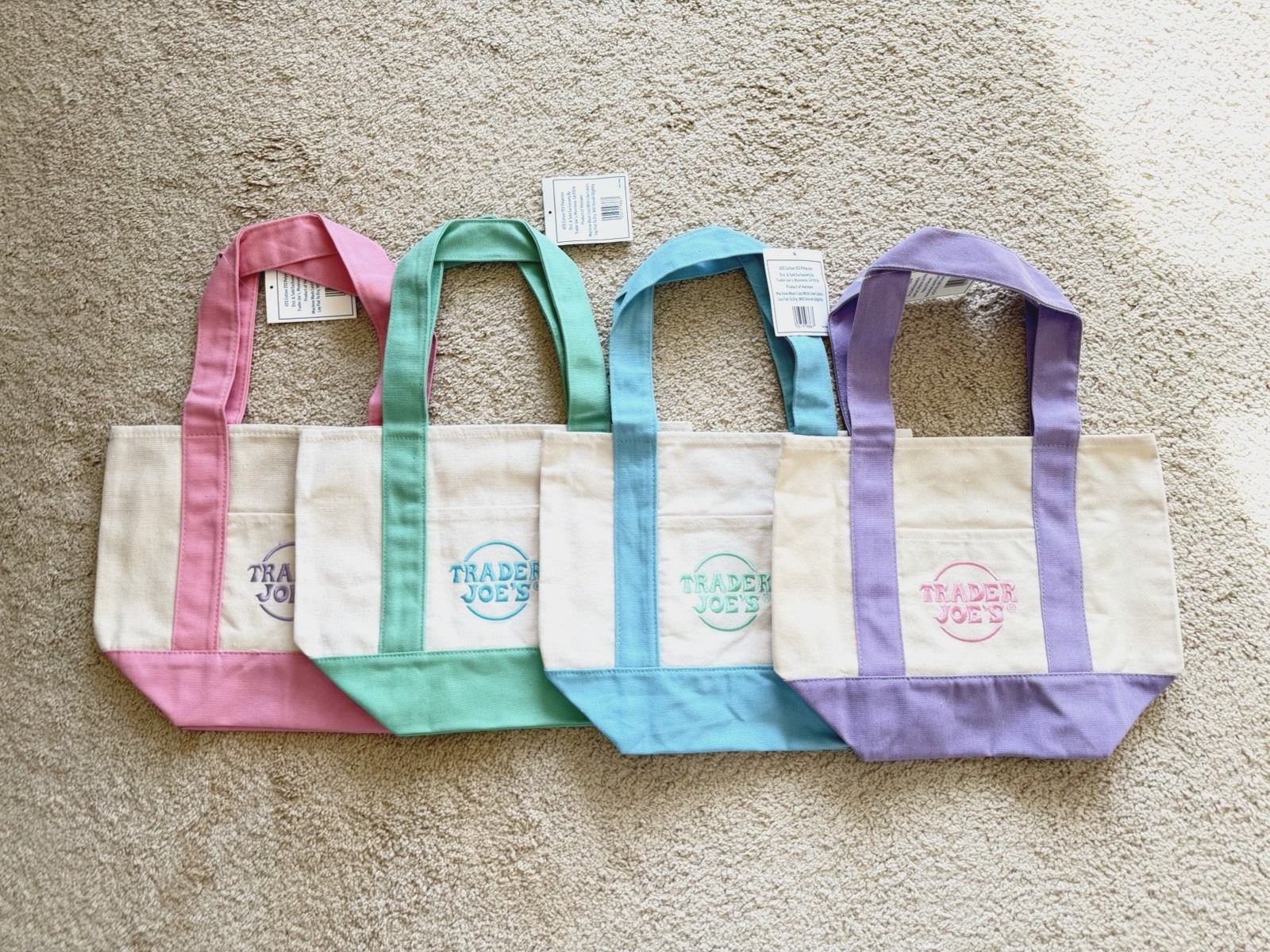 Trader Joe’s 2026 Spring Mini Pastel Canvas Tote Bags – Set Of 4 – READY TO SHIP