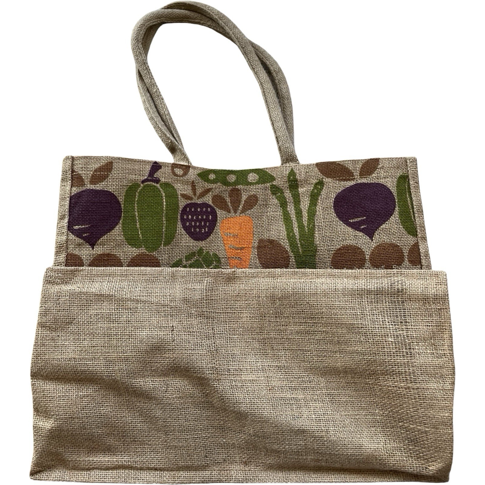 TRADER JOE’S Reusable Jute Burlap Vegetable Eggplant Print Tote Bag 17″x13″x8″