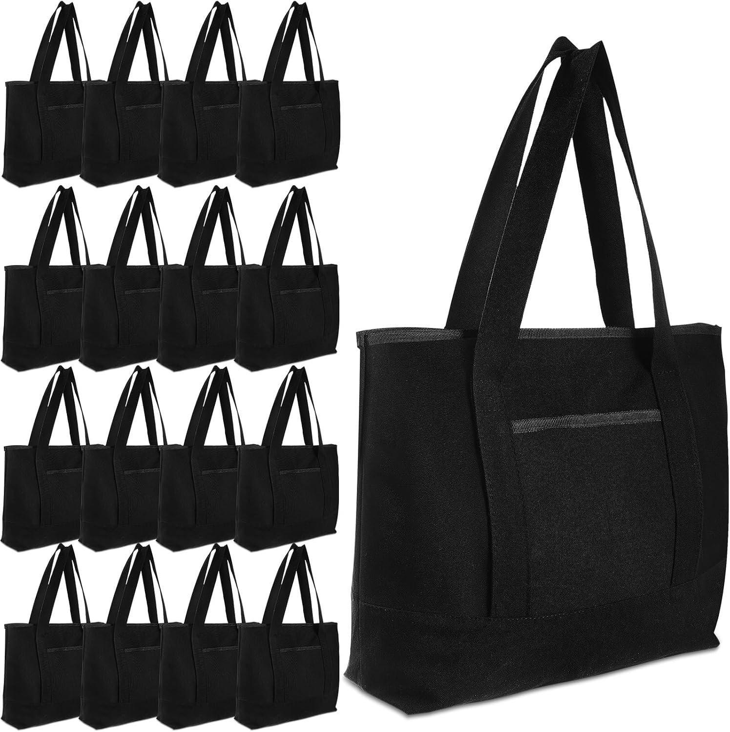 16 Pcs Canvas Tote Bags Bulk with Outer Pocket 18 Inch Reusable