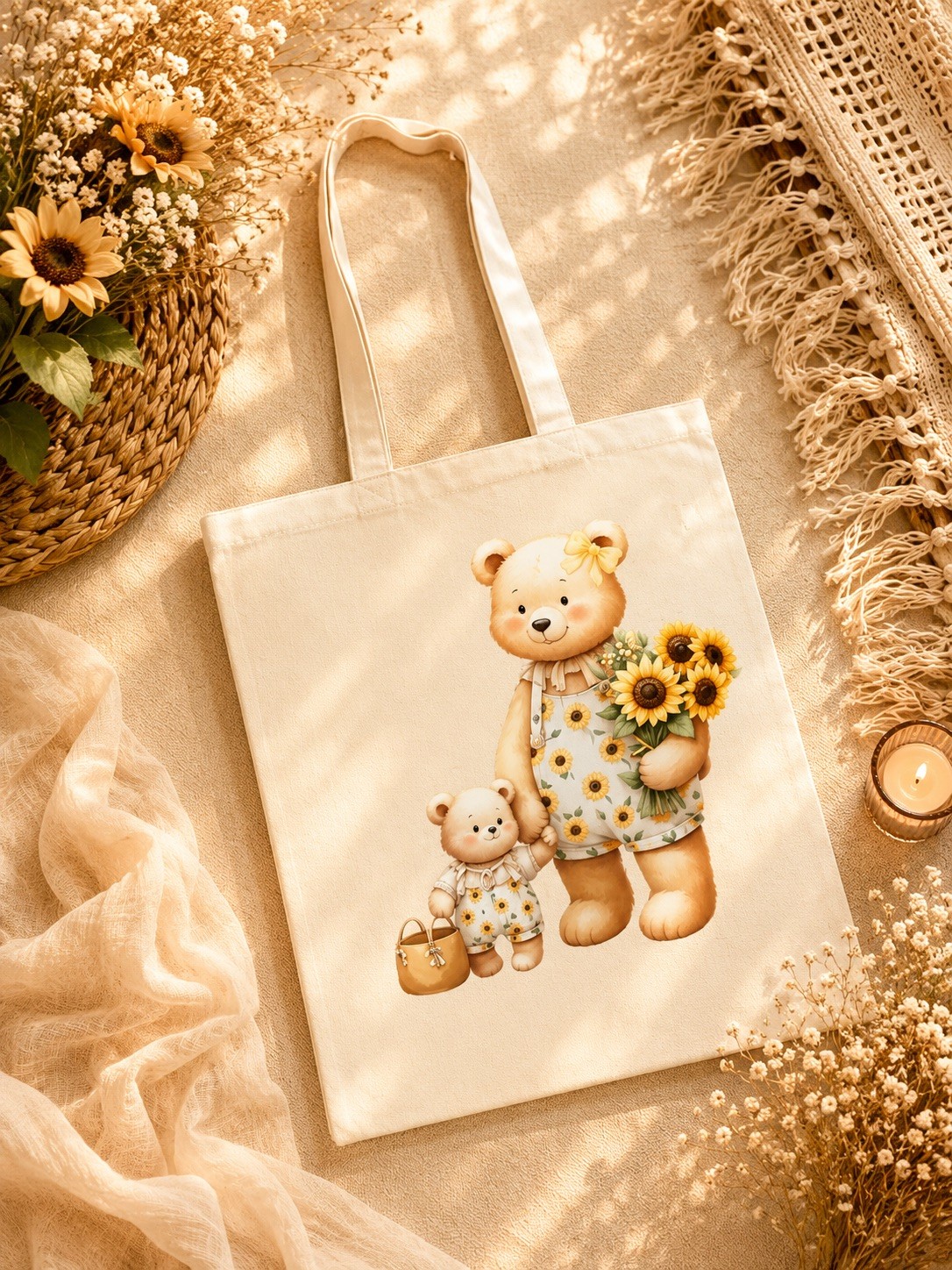 Cute Sunflower Bear Tote Bag | 100% Cotton Canvas Bag