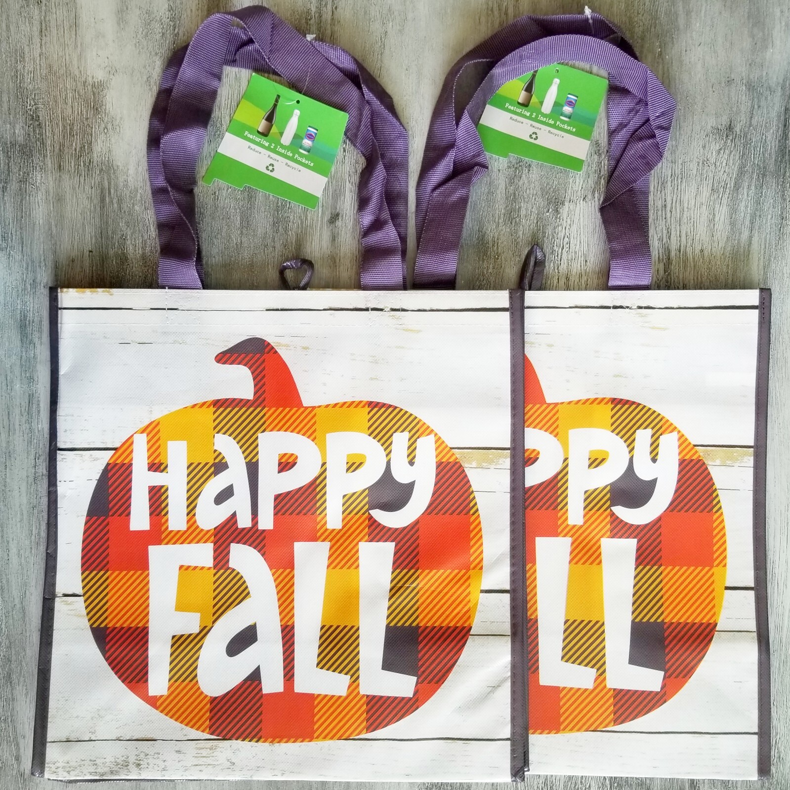 Reusable Shopping Grocery Tote Bags Happy Fall Buffalo Check Pumpkin 2 Set New