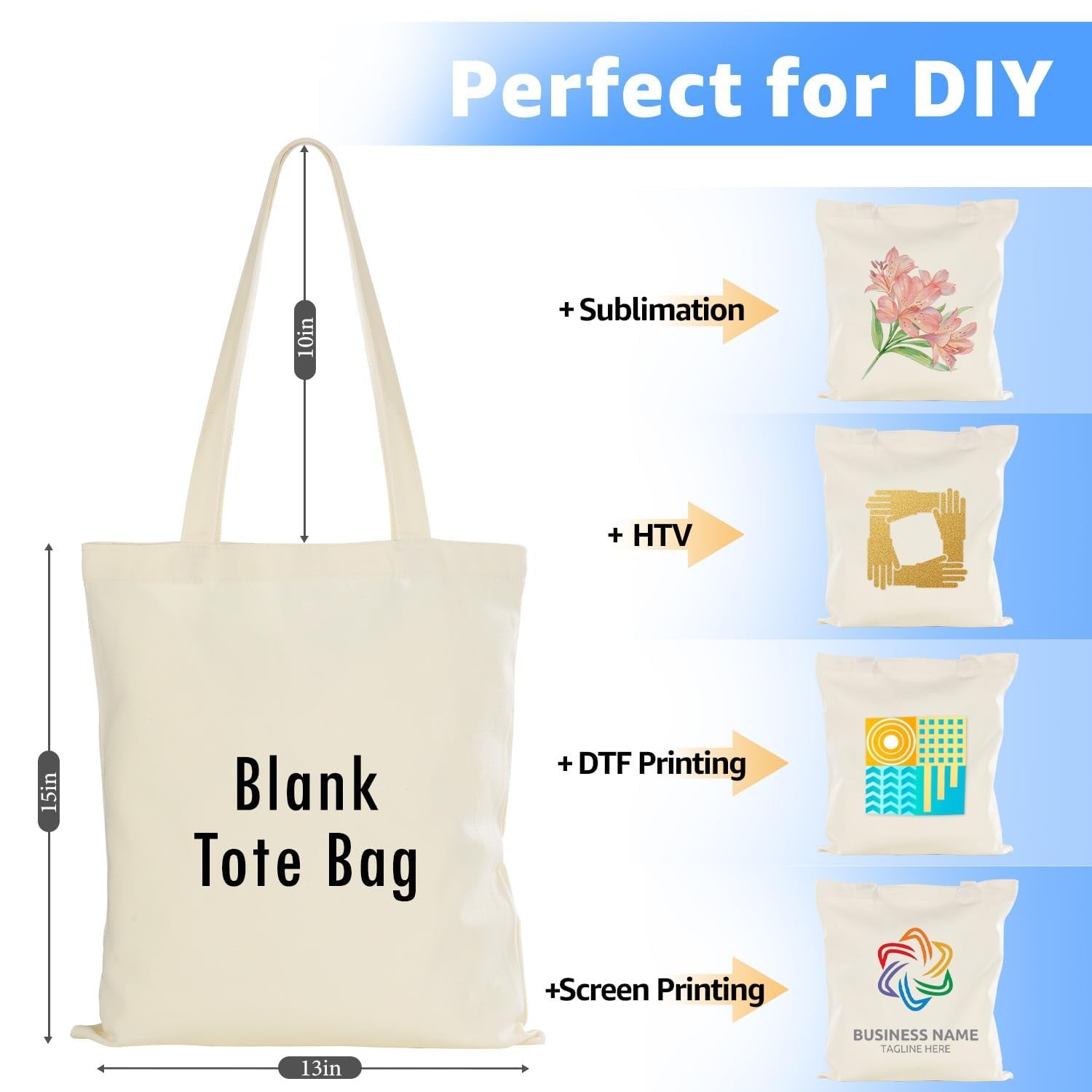 50 Pack Canvas Tote Bag Bulk for Small Business or Group, 13×15 Inches Blank …
