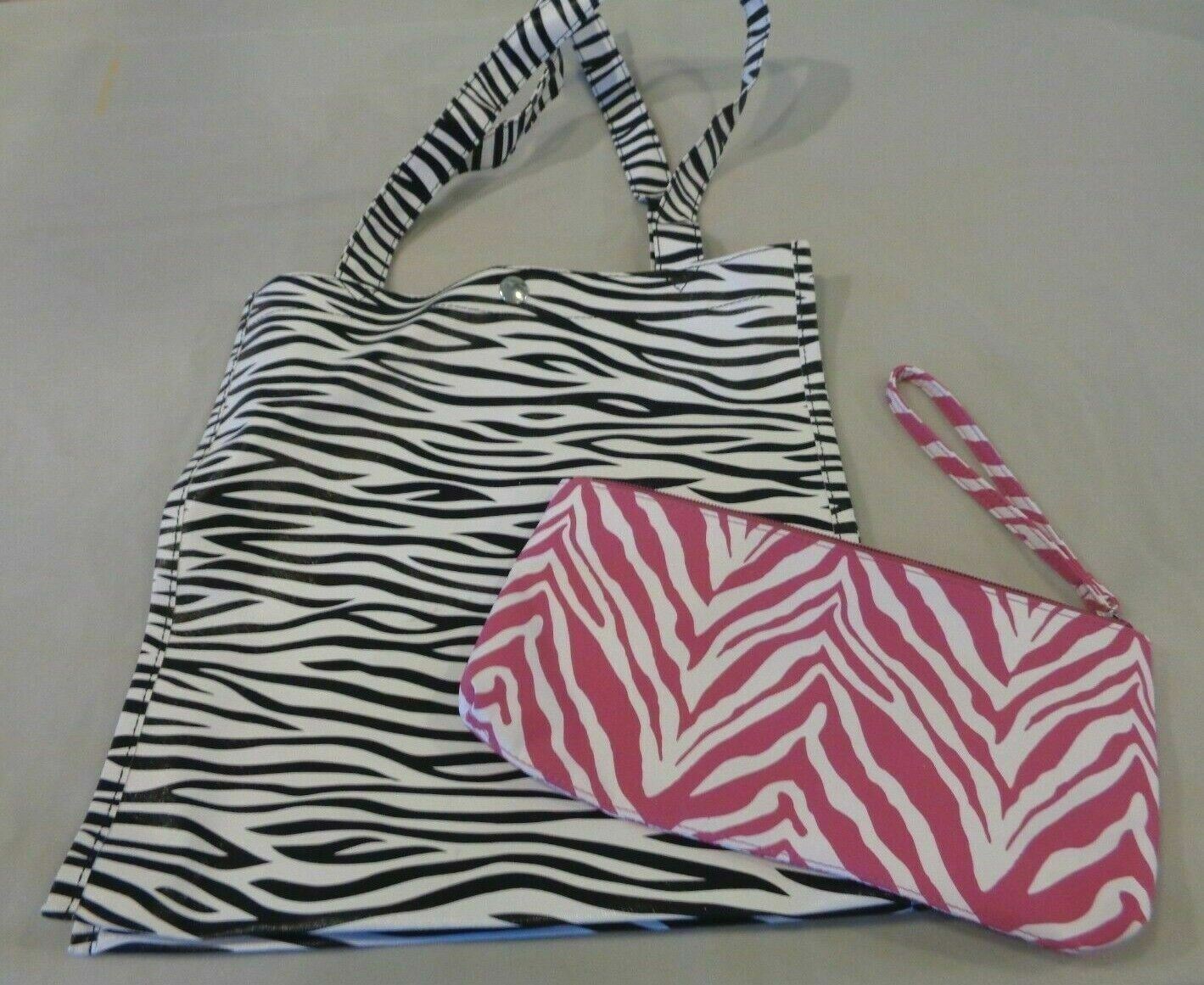 Lot 2 ZEBRA PRINT VINYL Black White TOTE Bag Pink White Zipper WRISTLET