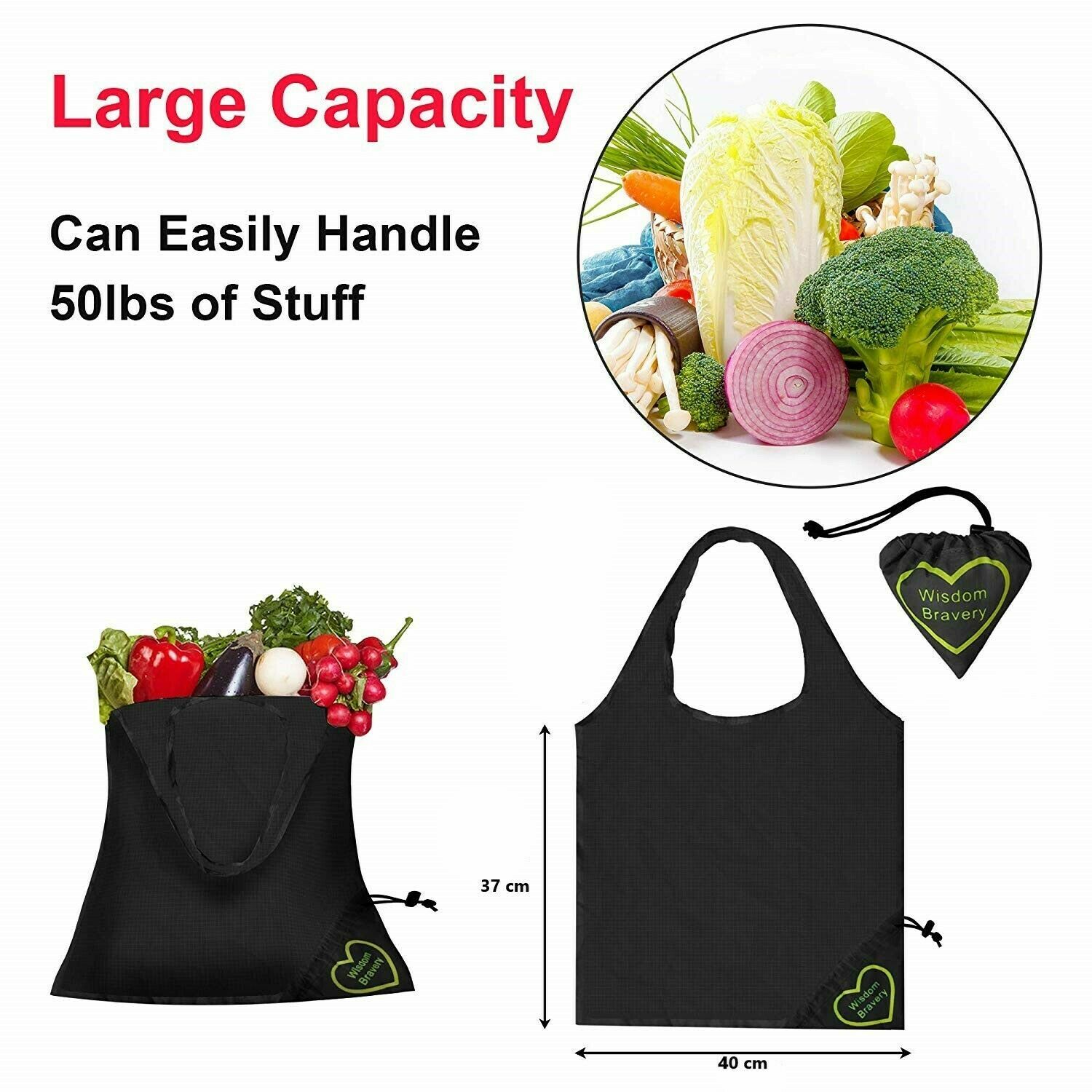Reusable Grocery Bag 6 Pack Heavy Duty Shopping Tote Design Washable Polyester