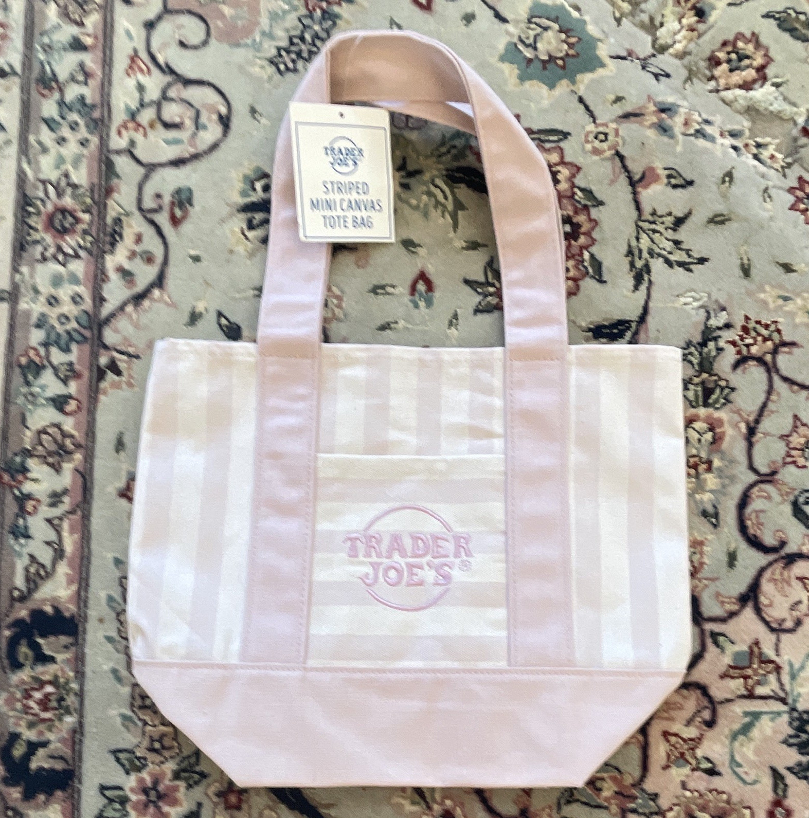 Trader Joe’s Mini Canvas Tote Bag Pink/White Striped Reusable