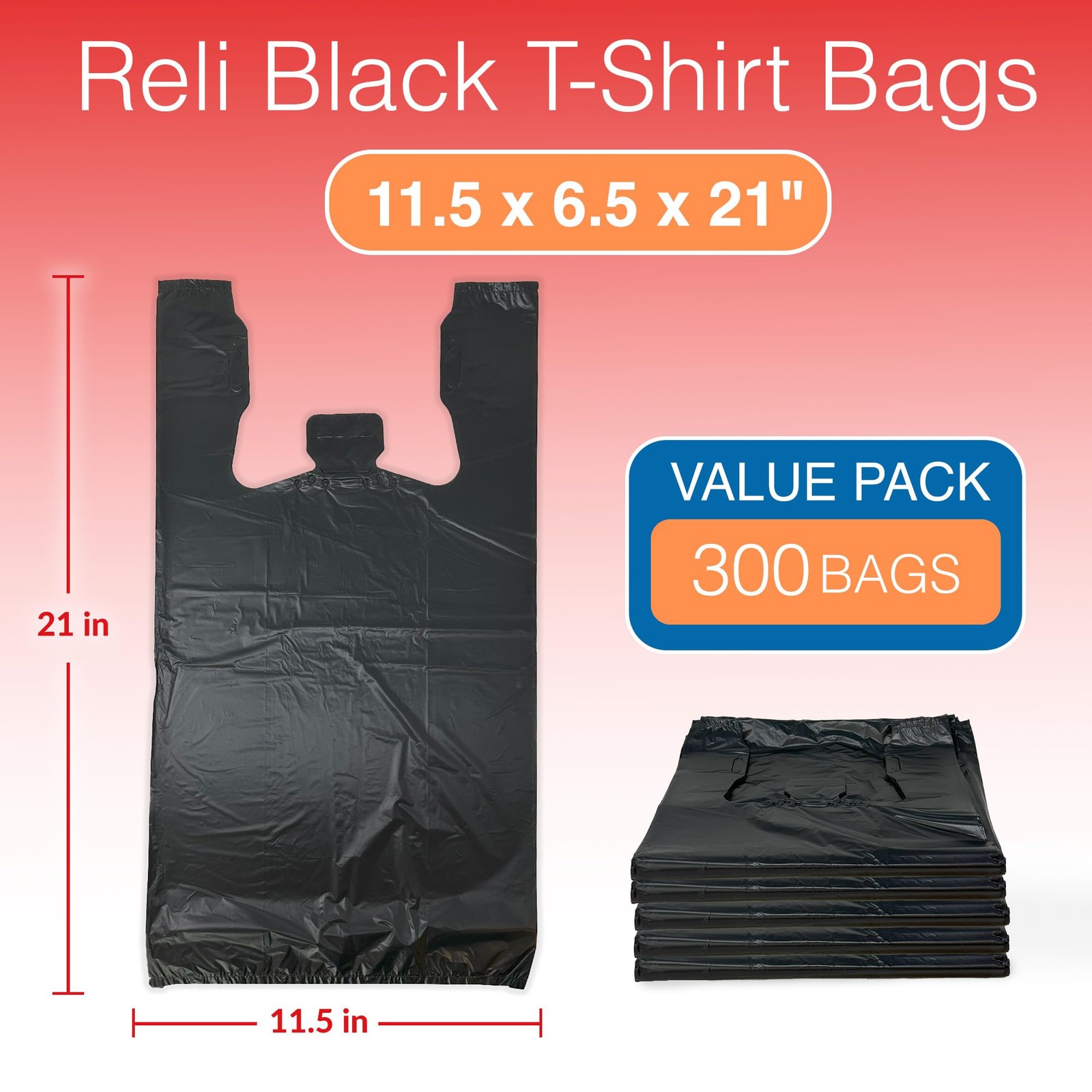 Reli. Black T-Shirt Bags 300 Count – 11.5″x6.5″x21″ – Grocery, Shopping, Takeout