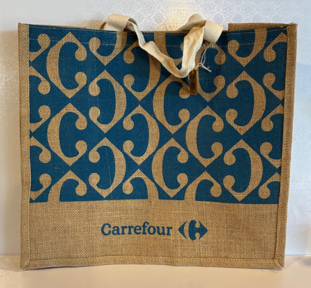 Carrefour France Reusable Tote Bag Jute Burlap Eco Grocery Shopping 17”x16” BLUE