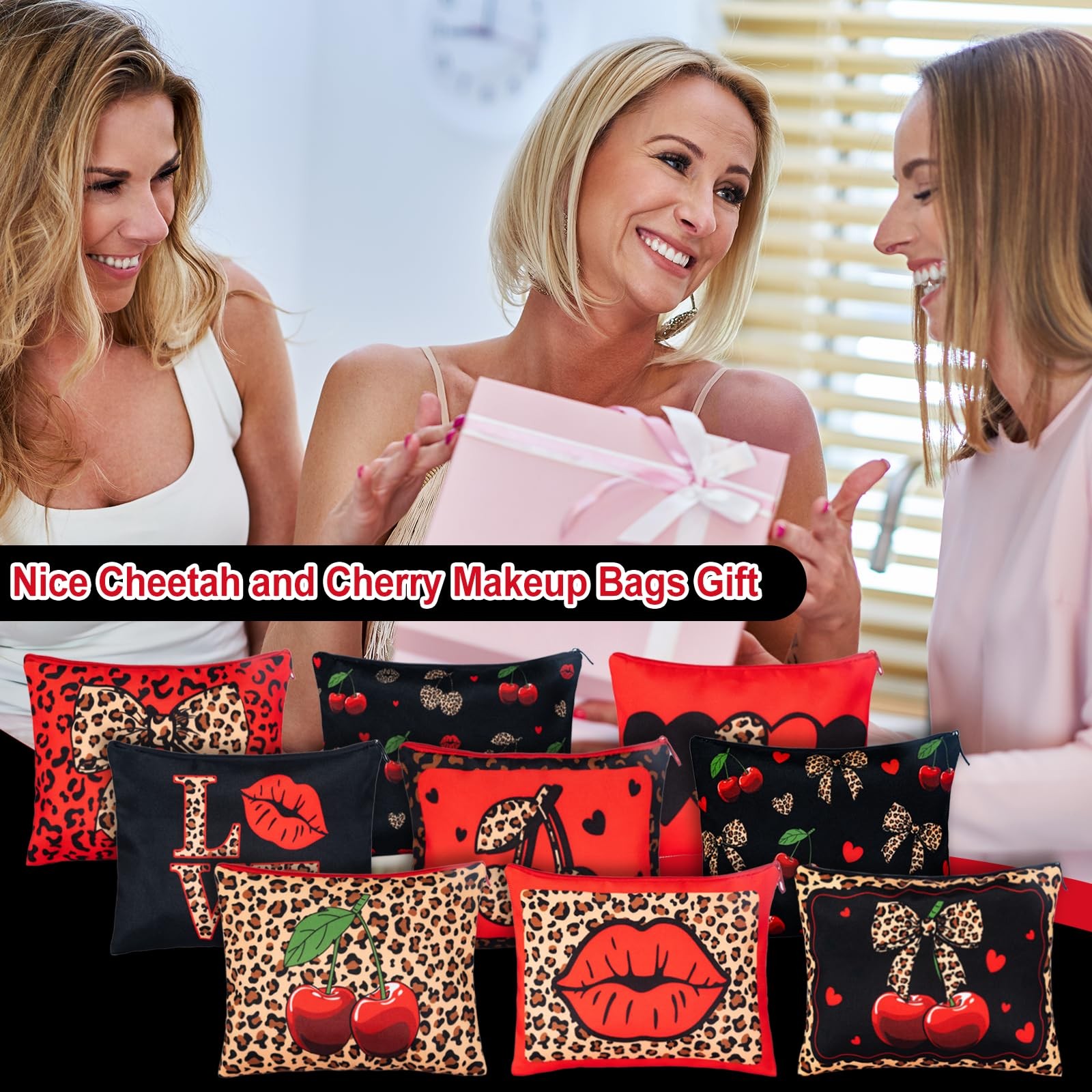 Qeinwha 9 Pcs Cheetah and Cherry Makeup Bag 8.7 x 6.3 inches, Multicolor