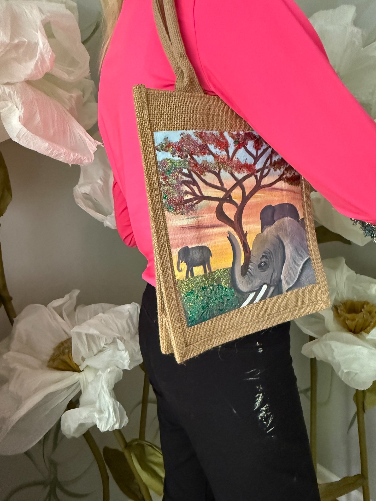 Hand-Painted Tote Bag Limited Edition Reusable Canvas Elephant Sunset Wearable