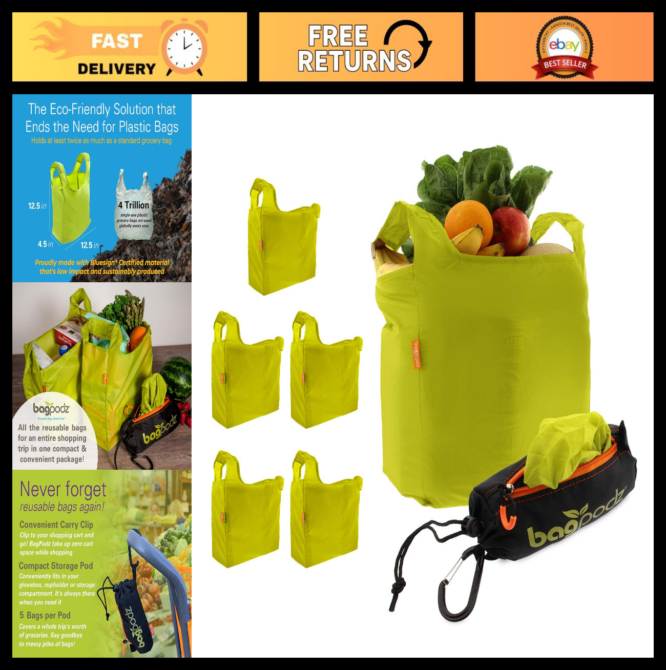 Reusable Grocery Bags – Foldable, Washable, 50lbs Capacity, Compact Pod, 5 Pack